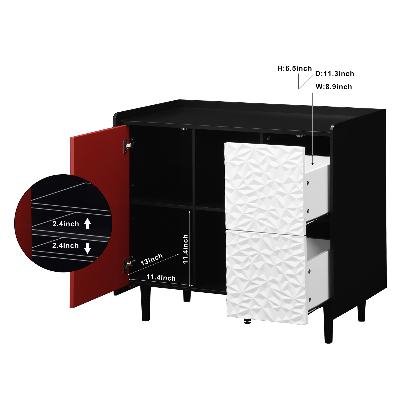 Sideboard Buffet Cabinet, Black Storage Cabinet with Red Doors , 2 Drawers wit