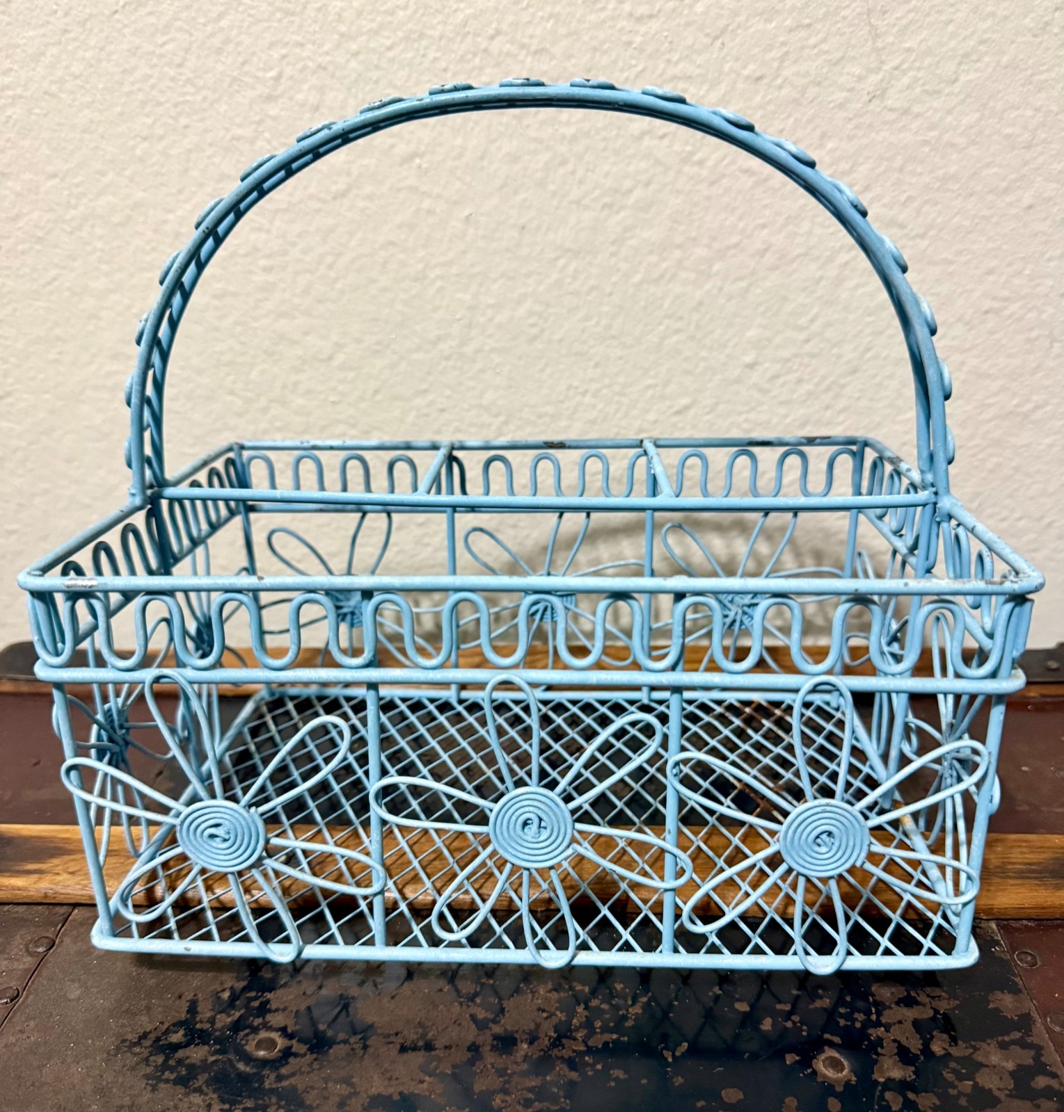Vintage Metal Covered Sectional Spring Rustic Basket Eggshell Blue