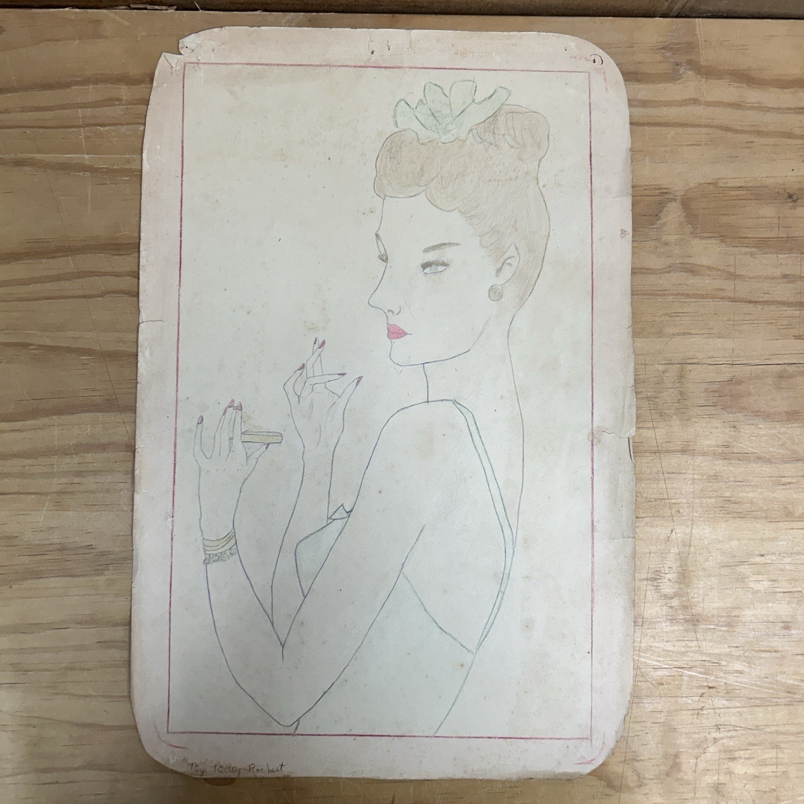 Vintage 1947 Fashion Portrait Drawing by Betty Pochert Retro Glamour Signed Art