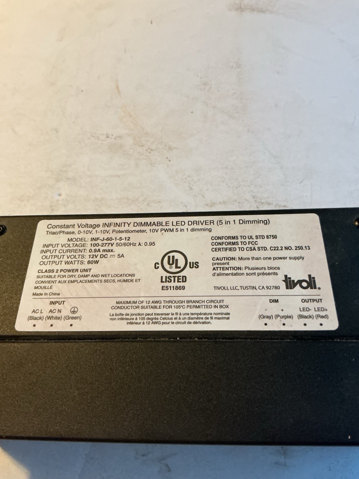 TIVOLI # INF-J-60-1-5-12 / Constant Voltage INFINITY DIMMABLE LED DRIVER.
