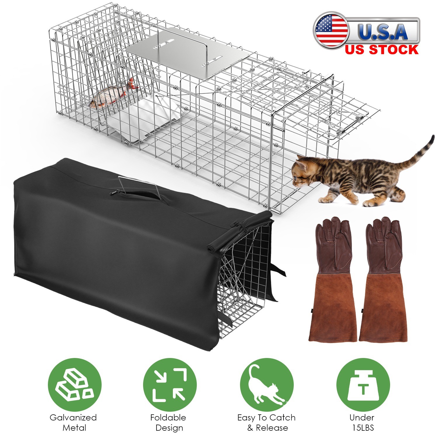 31”x12”x11” Folding Live Animal Trap Cage For Stray Cats Raccoons Squirrel Skunk