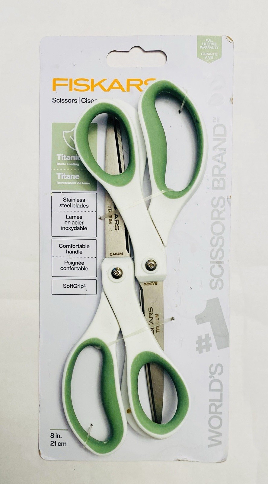 New Fiskars Everyday Titanium Scissors SoftGrip: 8 in. /2-pack (White and Green)