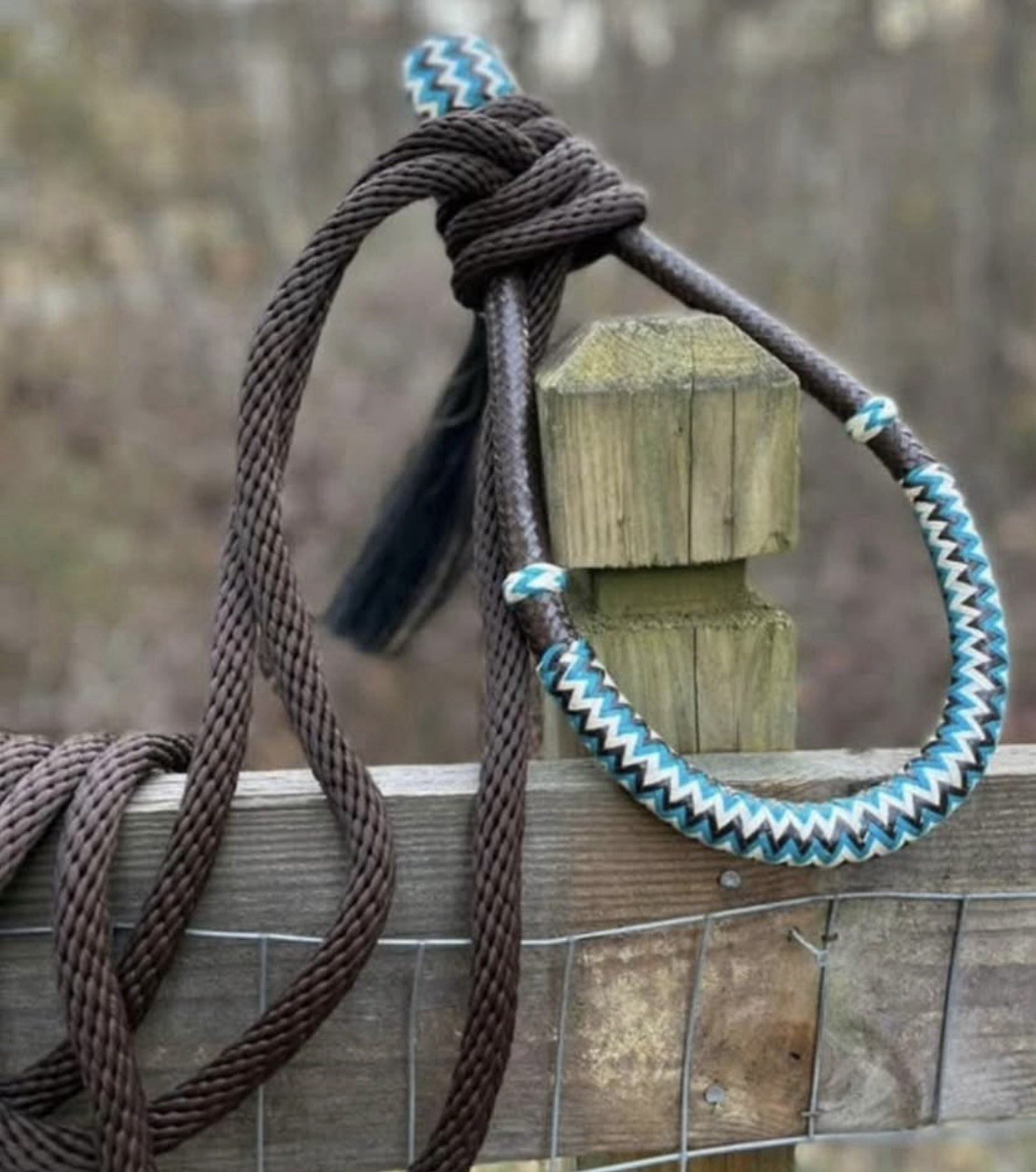 Natural Rawhide Bosal with Brown Nylon Mecate with Hair Tassel Bitless Hackamore