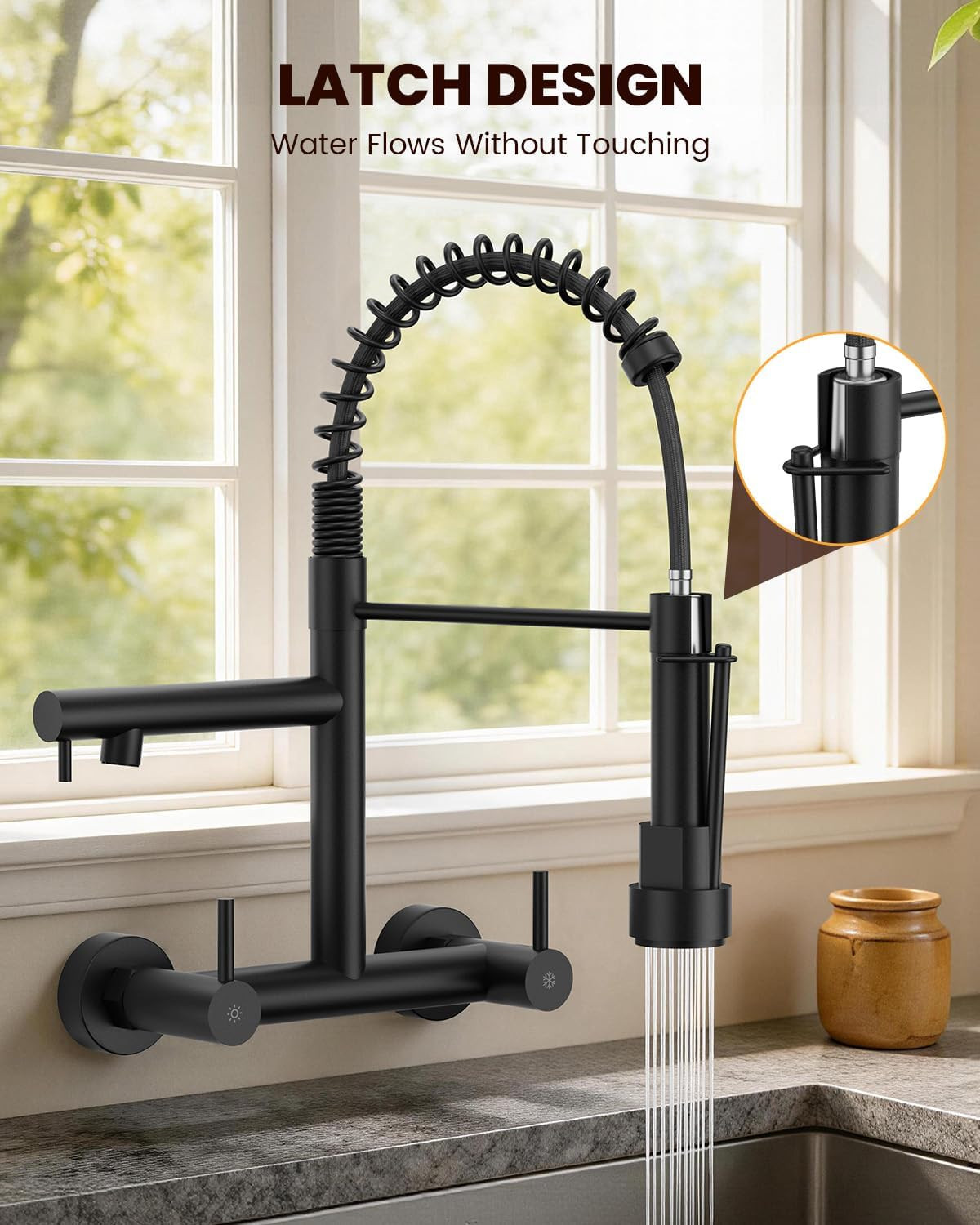 Matte Black Wall Mount Kitchen Faucet with Pull Down Sprayer and 2 Handles