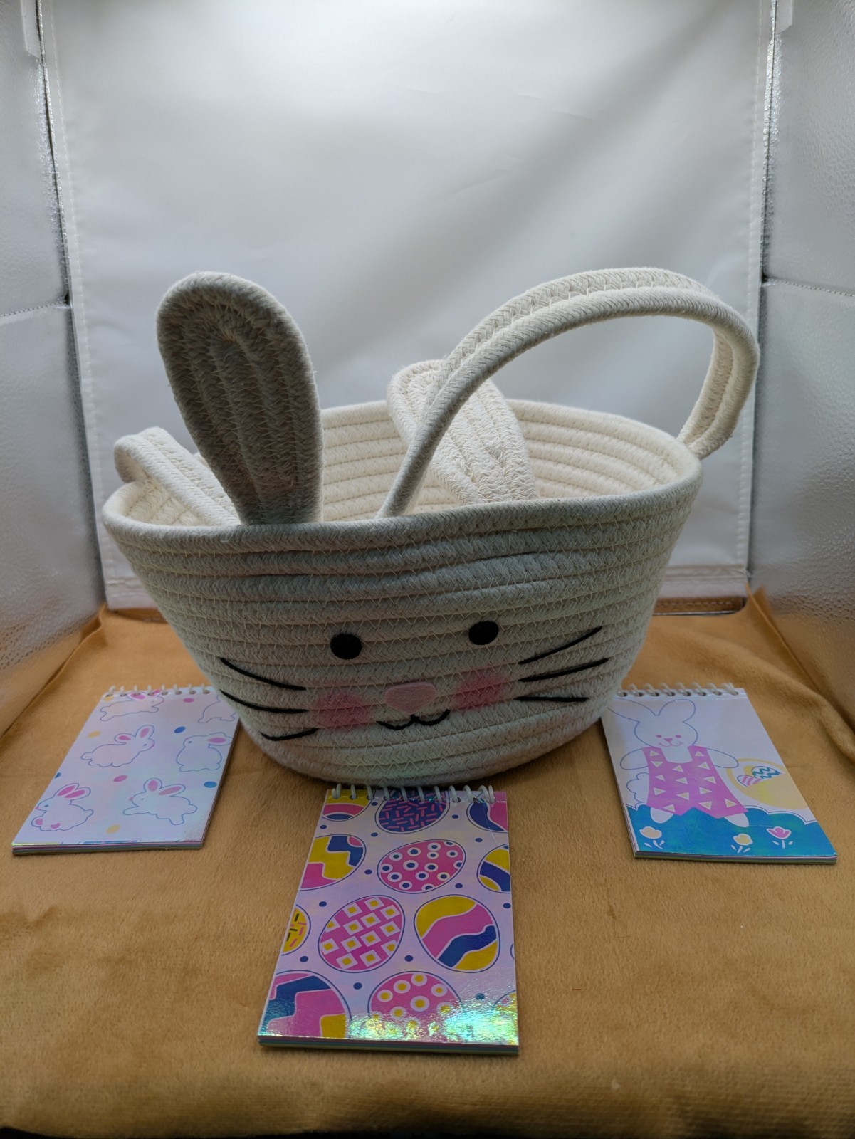 Seasonal Easter Woven Rope White Bunny Basket With Three Bunny Notebooks