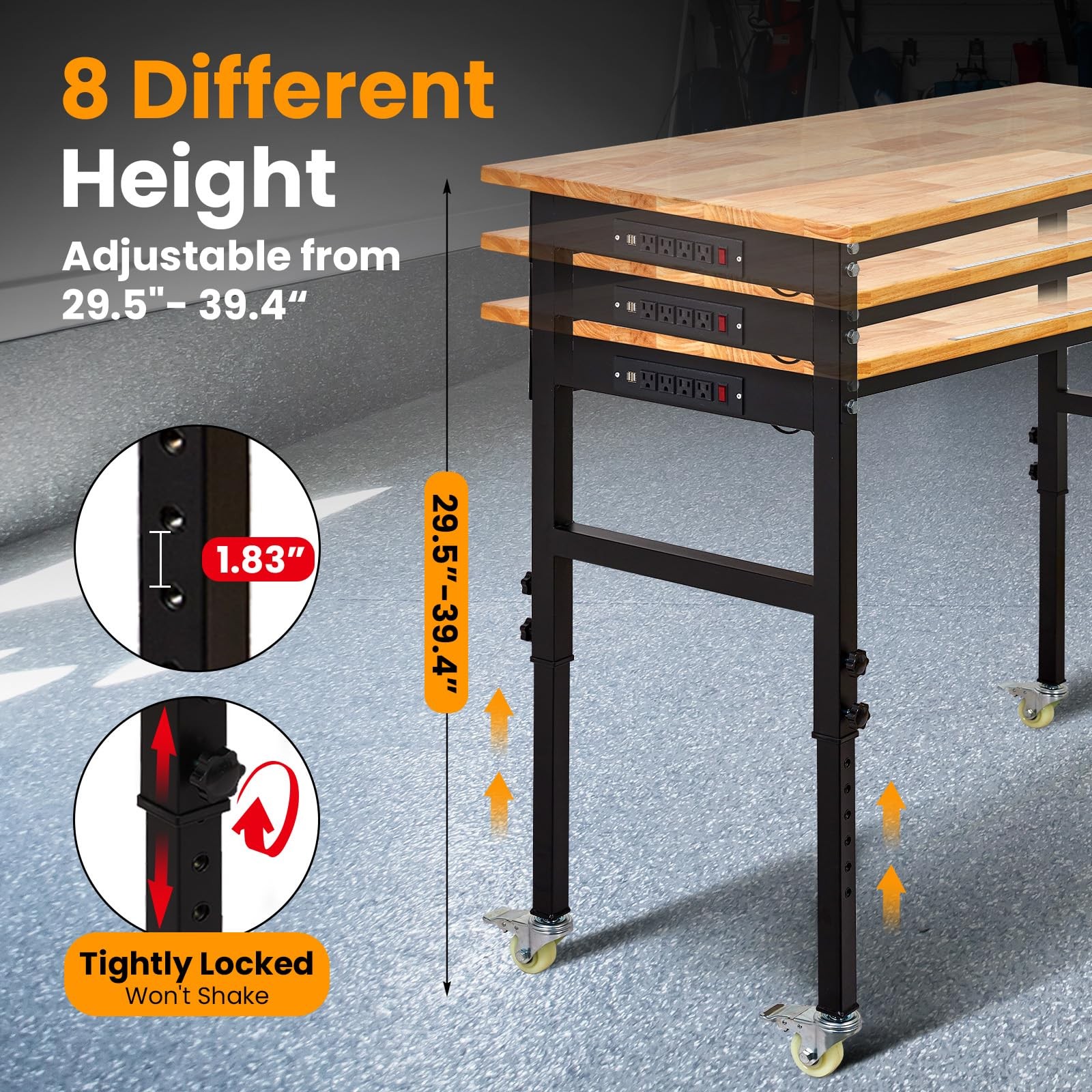 60" Adjustable Workbench Garage Work Table w/ Power Outlet, Wheels & Pegboard
