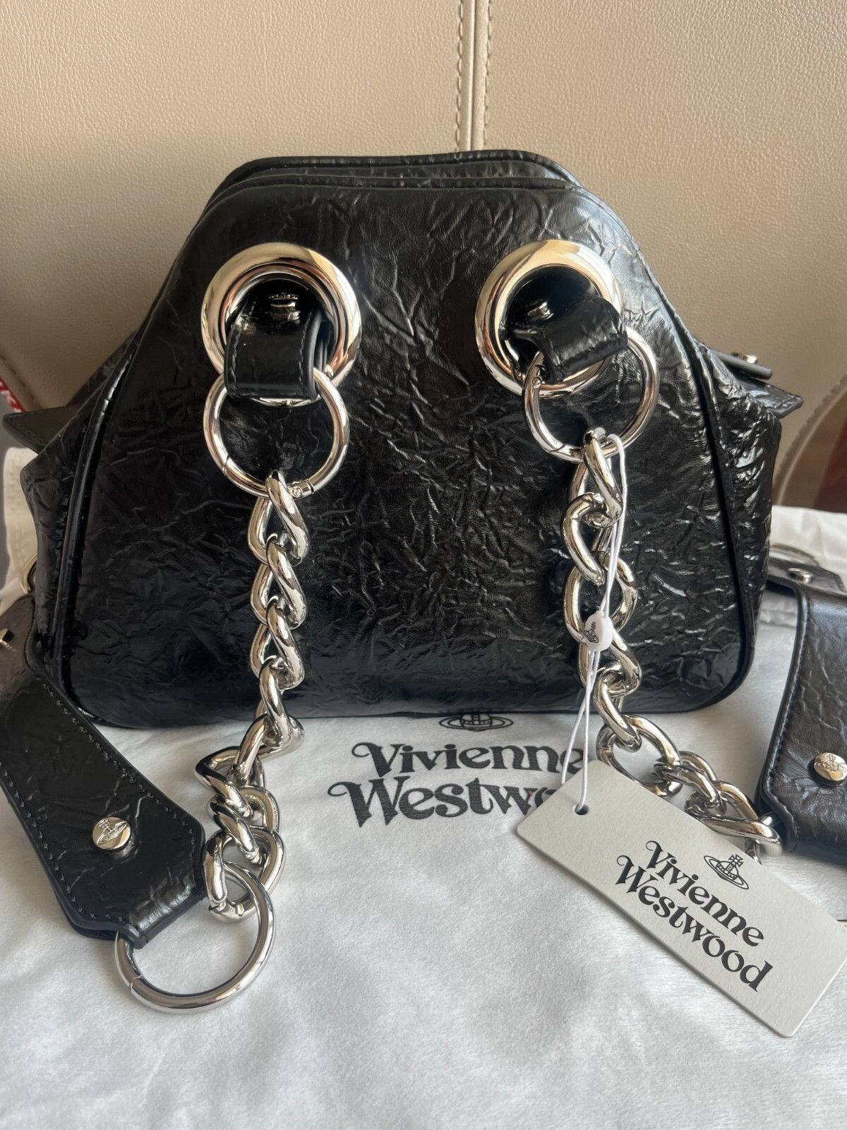 Vivienne Westwood Big Orb 2Chain Strap Black Leather Shoulder Bag