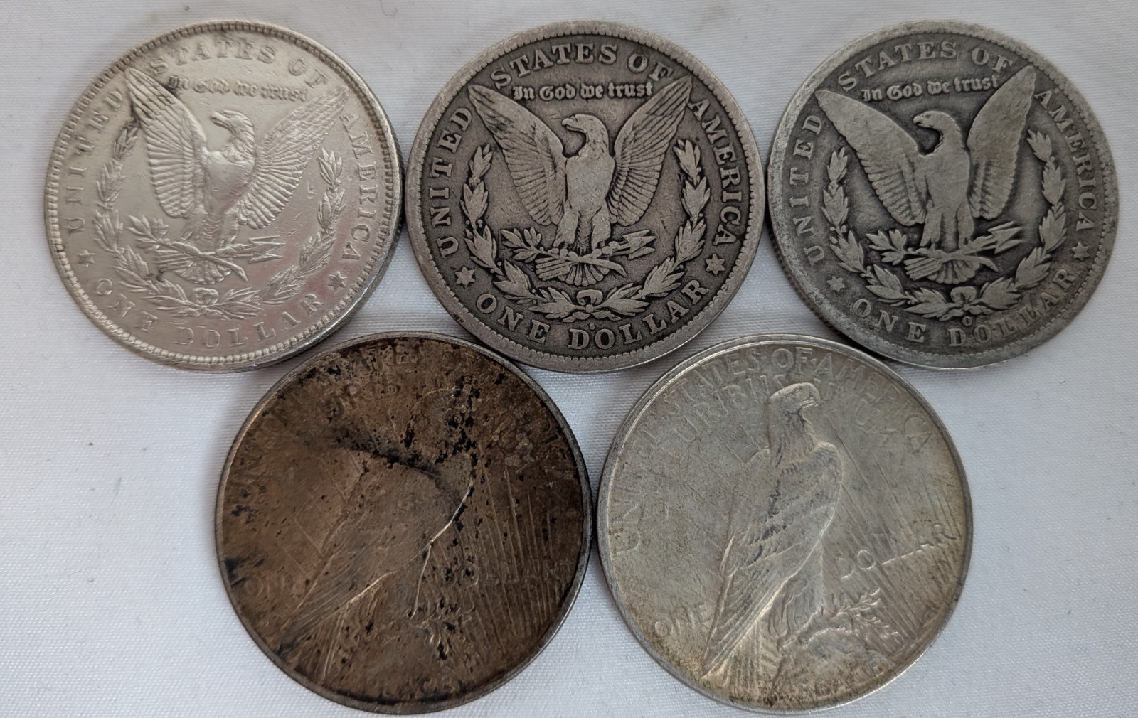 Lot of 5 Investment Circulated Morgan and Peace Silver Dollars Mint Marks