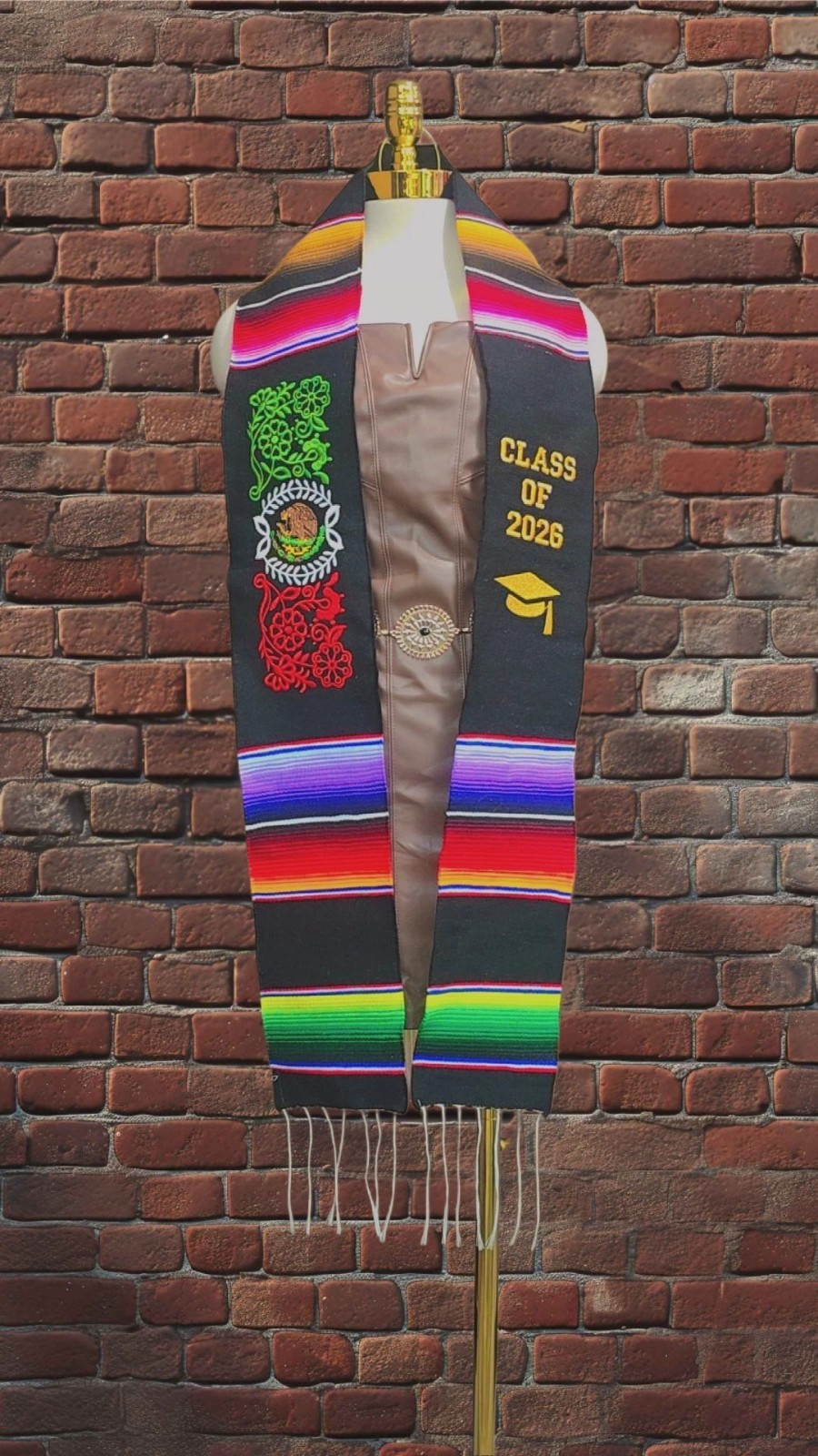 Mexican Graduation Sash Class 2026 Stole Multicolor and Black on Gold Embroider
