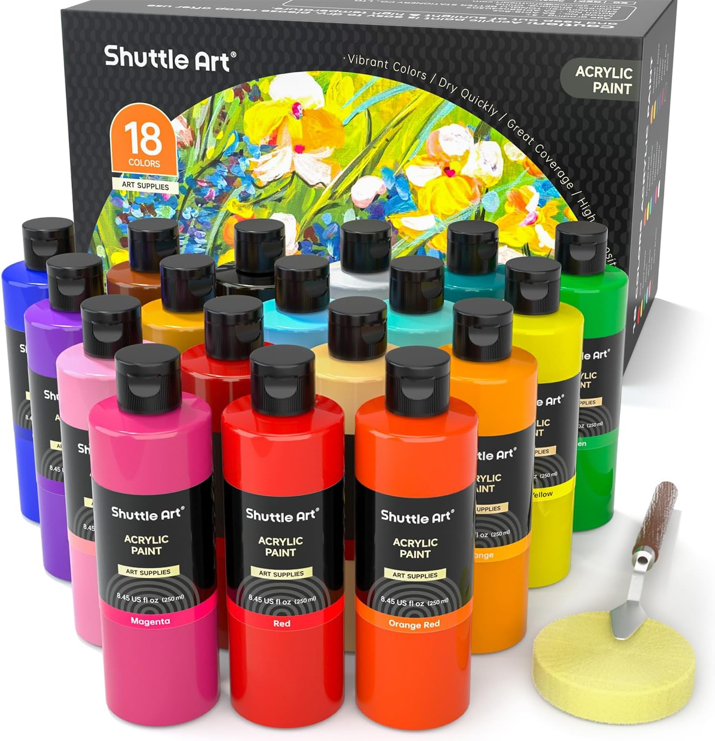Shuttle Art 18 Colors Acrylic Paint Bottle Set (250Ml/8.45Oz), Rich Pigmented Bu