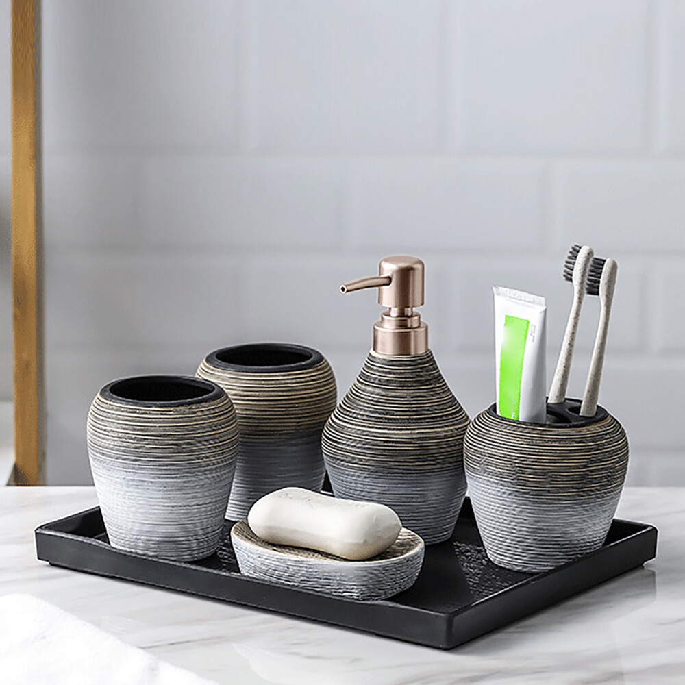 Ceramic Bathroom Accessories Set Decorative Storage Lotion Dispenser Holder 5PCS