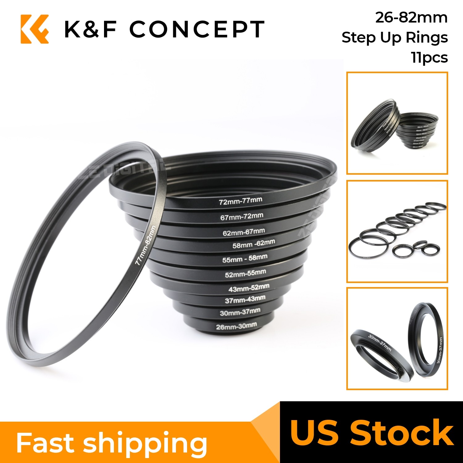 K&F CONCEPT 11pcs Metal Stepping Rings Step Up Ring Set for Canon Nikon DSLR