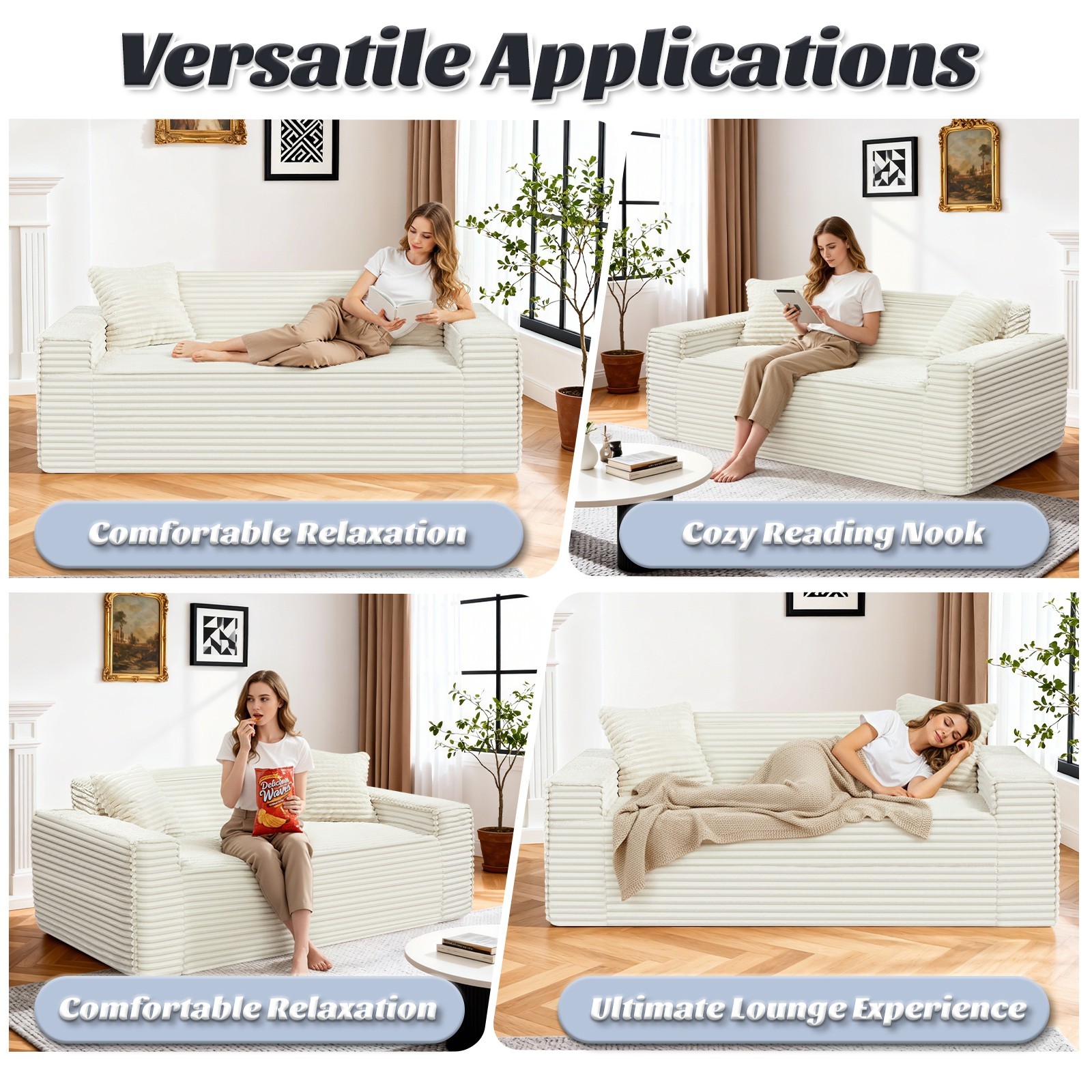 Modern Deep Wide Corduroy Sofa,Low Profile Square Modular Couch for Living Room