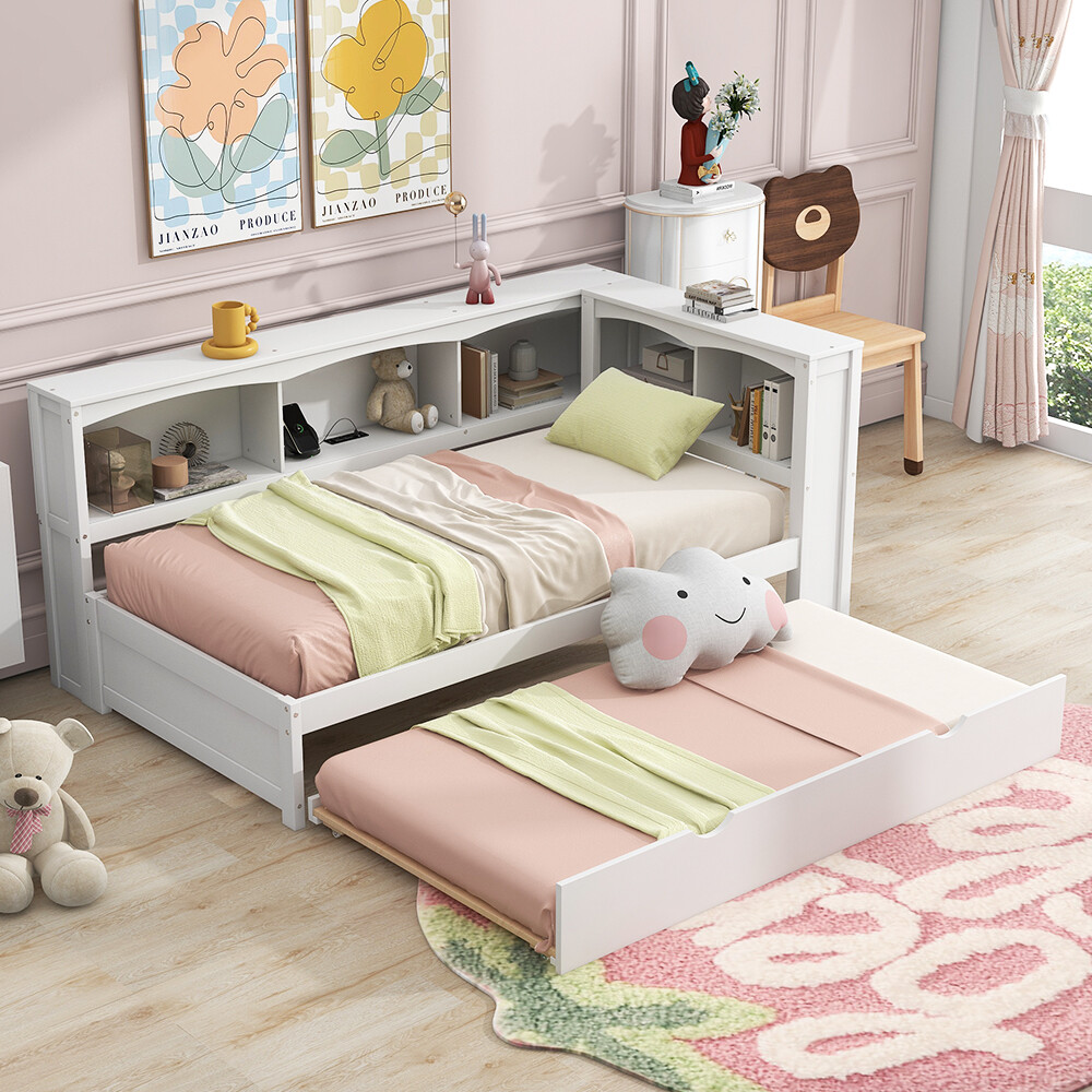 Modern Twin Size Daybed W/ Trundle Side Storage Cabinets Wooden Slatted White