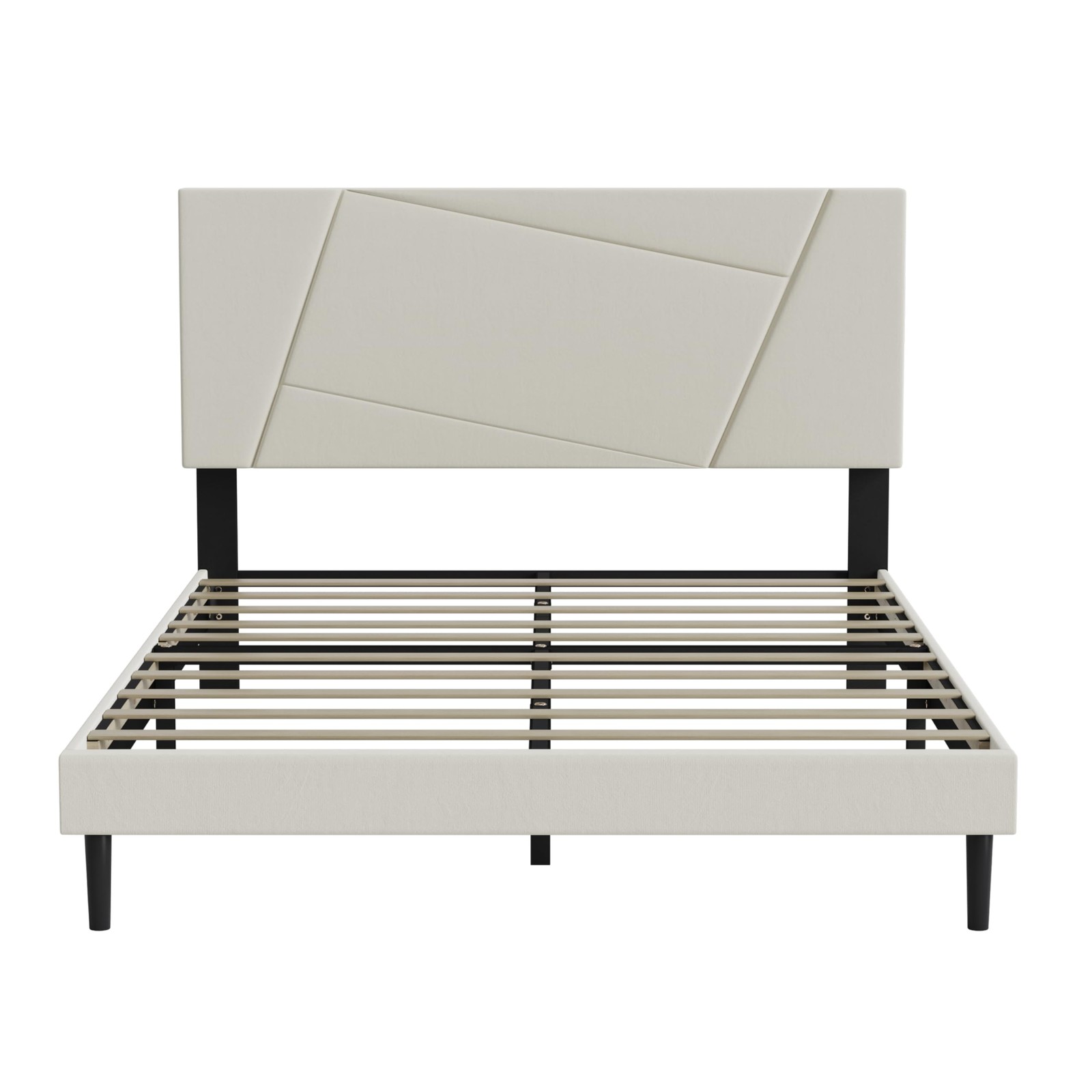 Full Size Bed Frame Platform with Velvet Upholstered Headboard, Geometric, St...