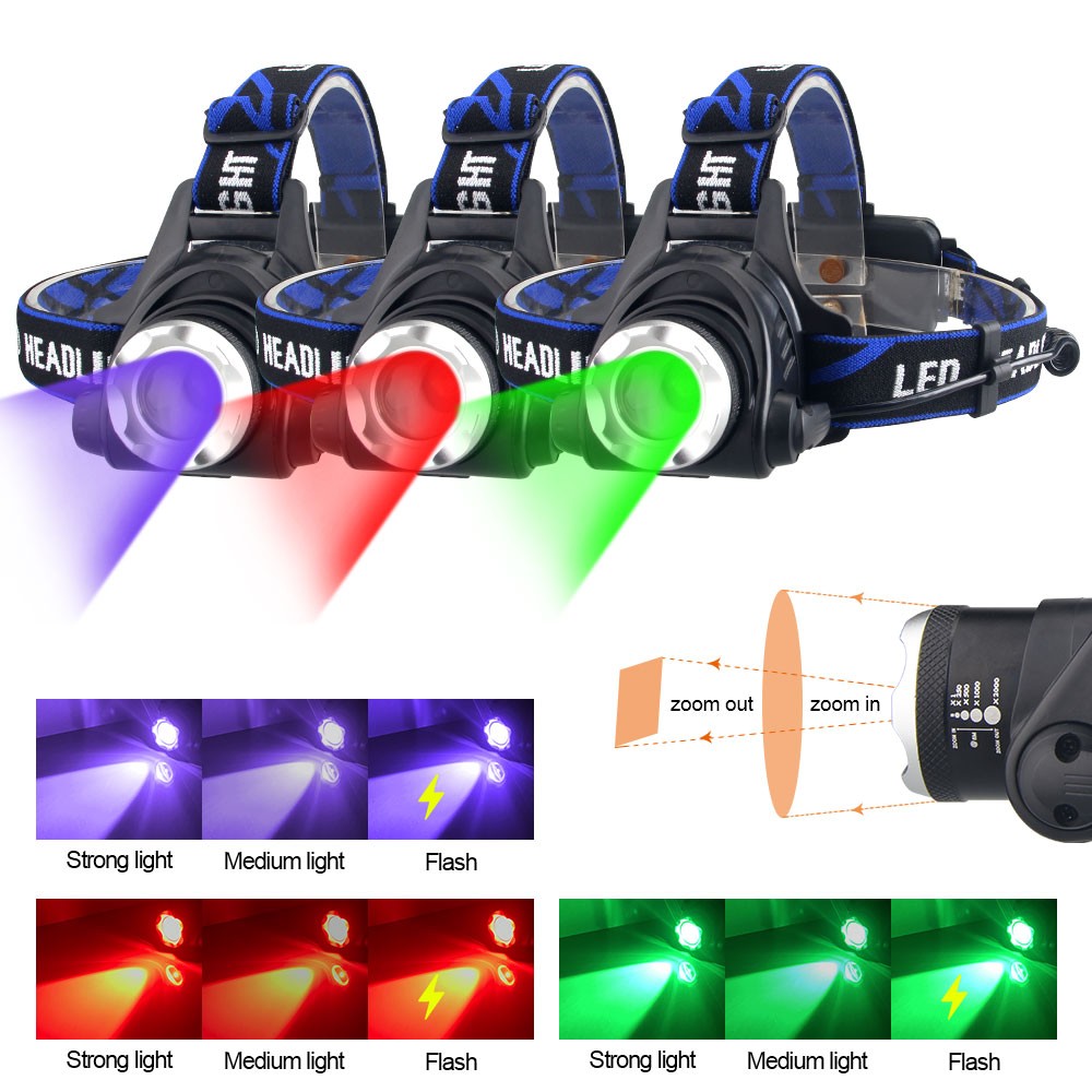 Hunting LED Headlight Green/UV Light Head Torch USB Rechargeable Zoom Lamp