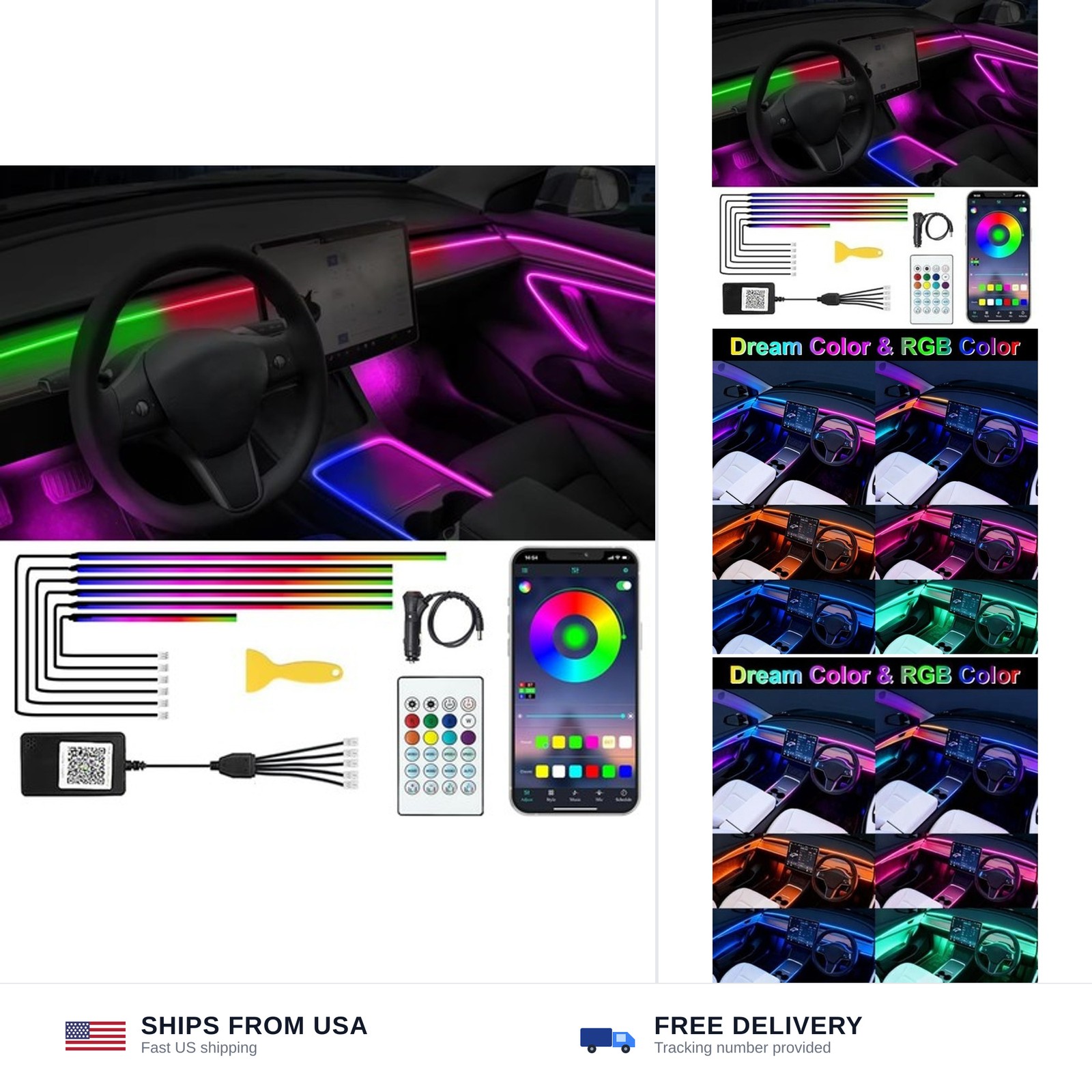 Acrylic Interior Car LED Lights with Remote and Wireless APP 6 in 1,Ambient L...