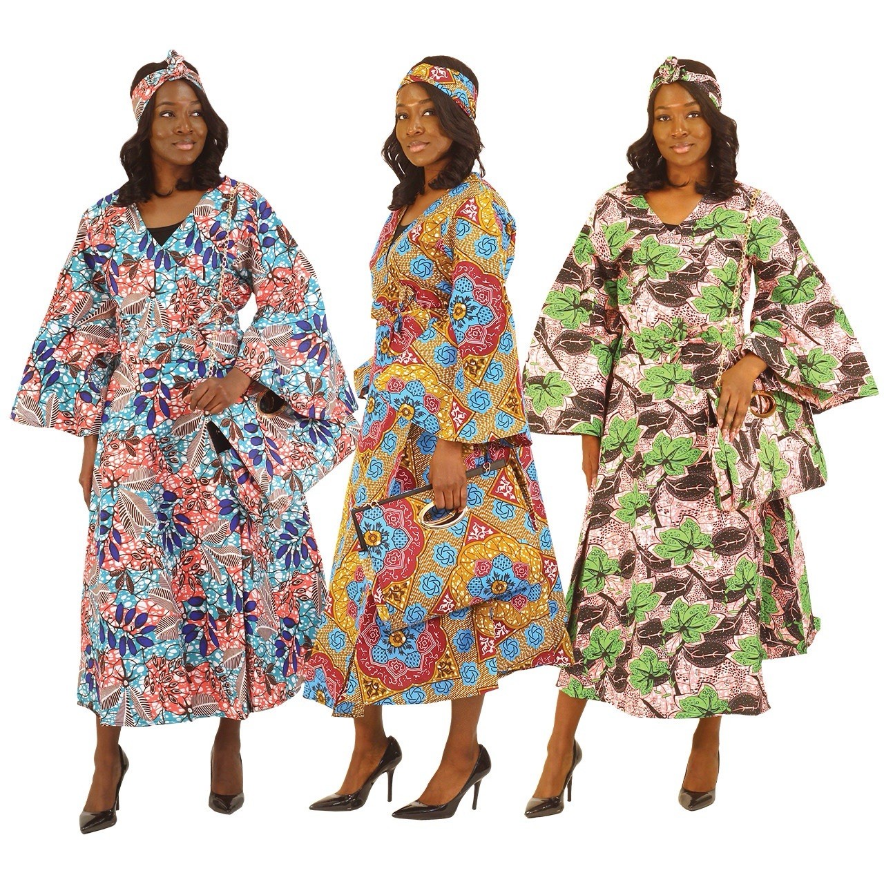 Women African  Print Wrap Dress Long With Handbags and Scarf Free Size