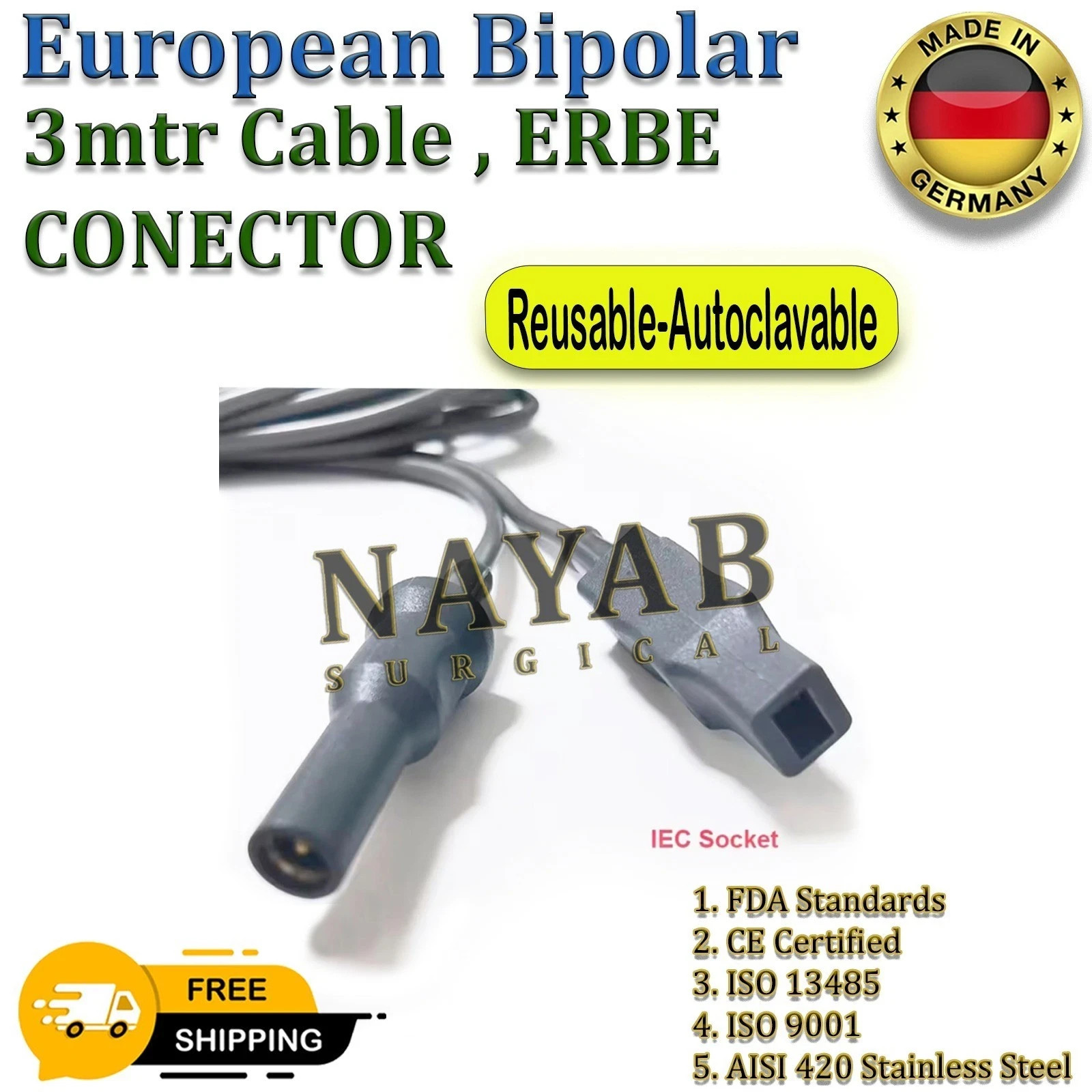 4x European EU Bipolar Cable Reusable, 3M Length Reusable Autoclavable CE