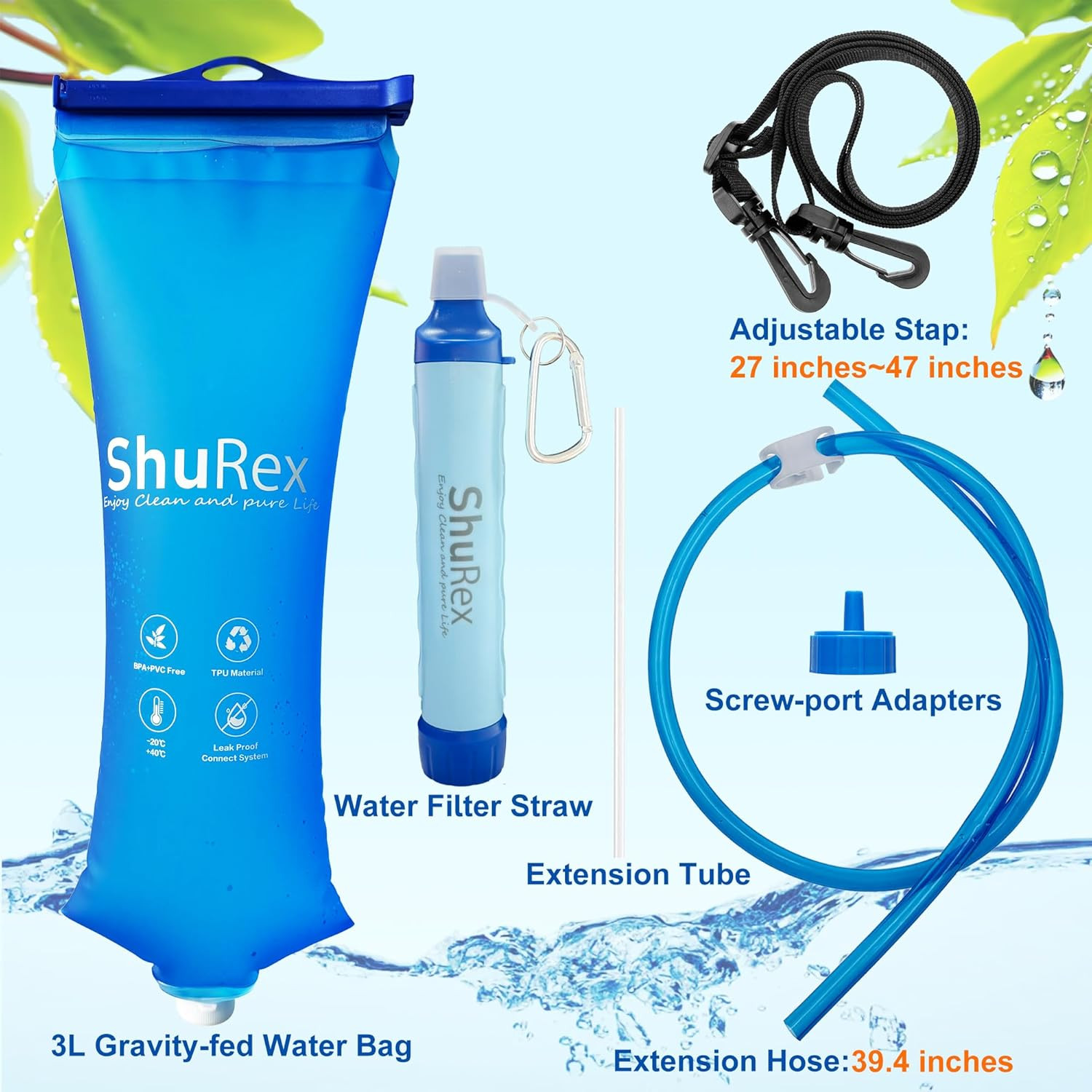 Gravity Fed Water Filtration System with Adjustable Tree Strap, Gravity Bag with