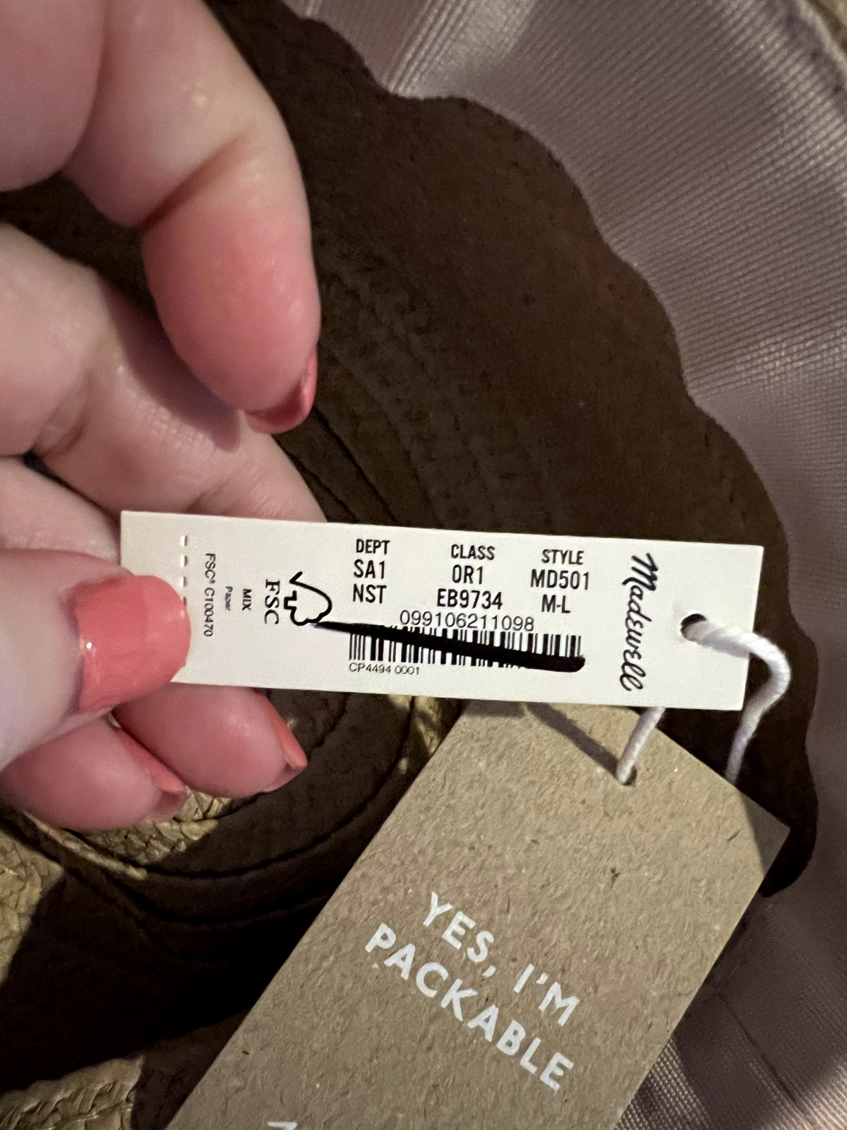 Madewell Women's $40 Packable Fedora Hat Natural Size M/L MD501