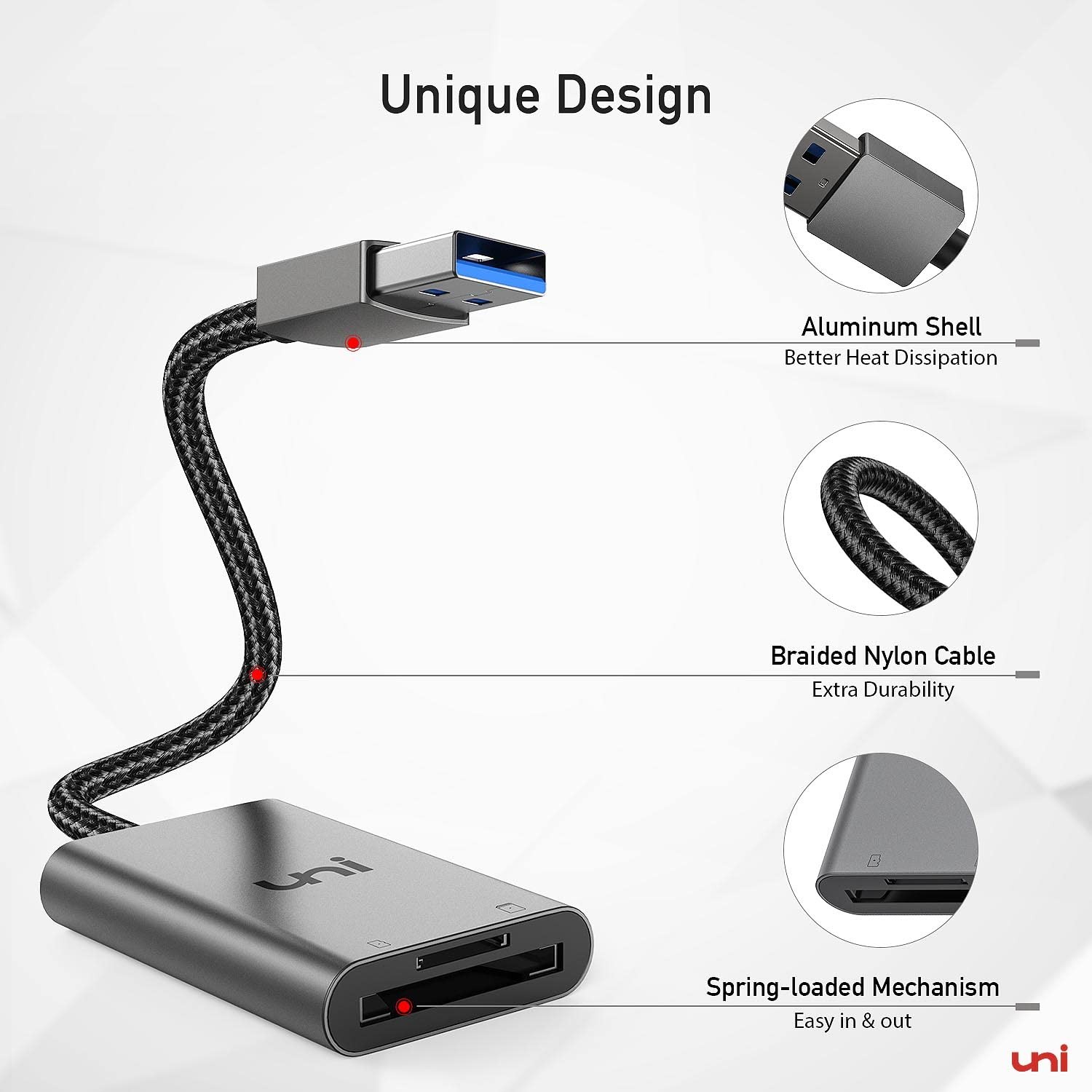 uni SD Card Reader, High-Speed USB 3.0 to Micro Adapter, Grey
