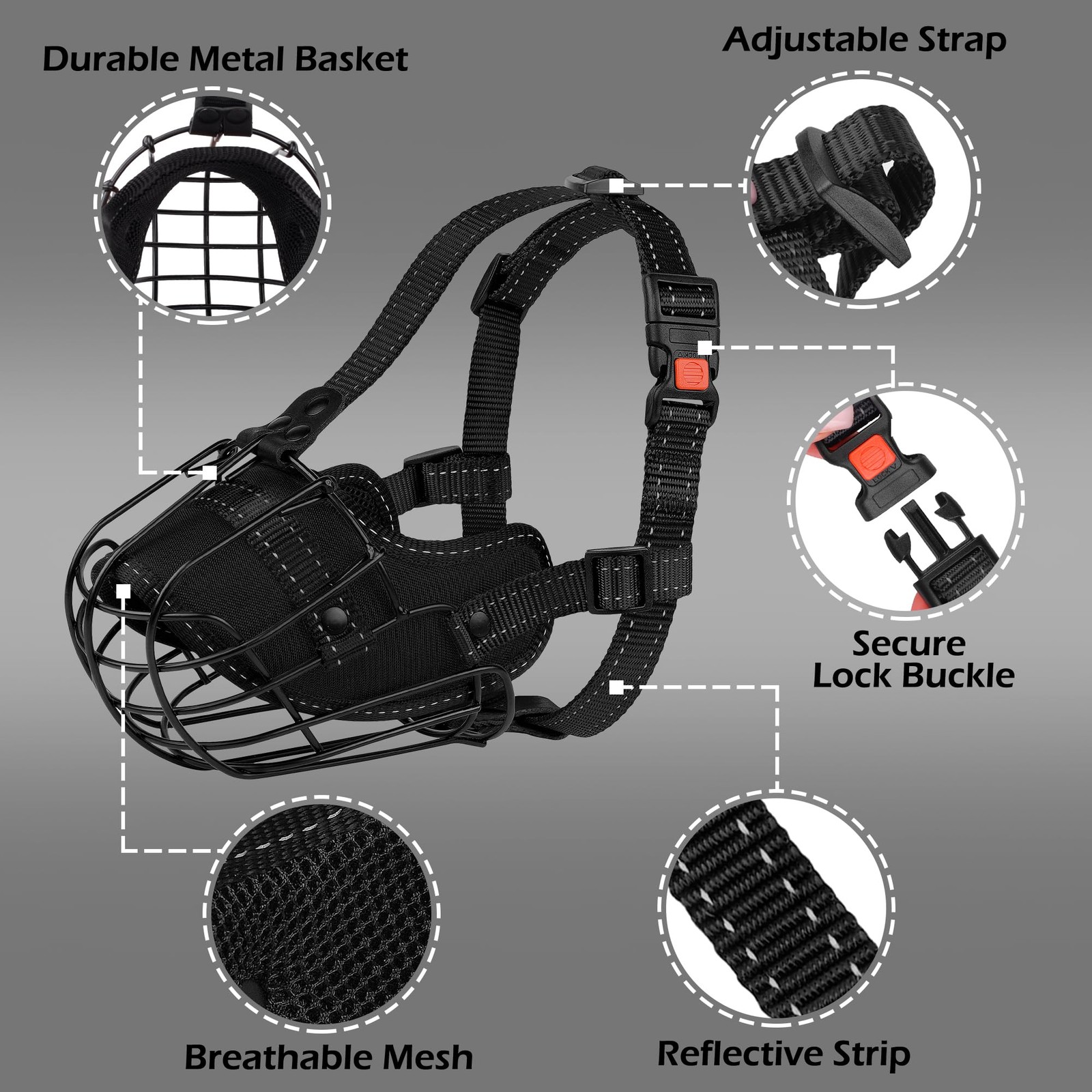 OOPSDOGGY Pitbull Dog Muzzle Reflective Metal Mask Secure Wire Pitbull, Black