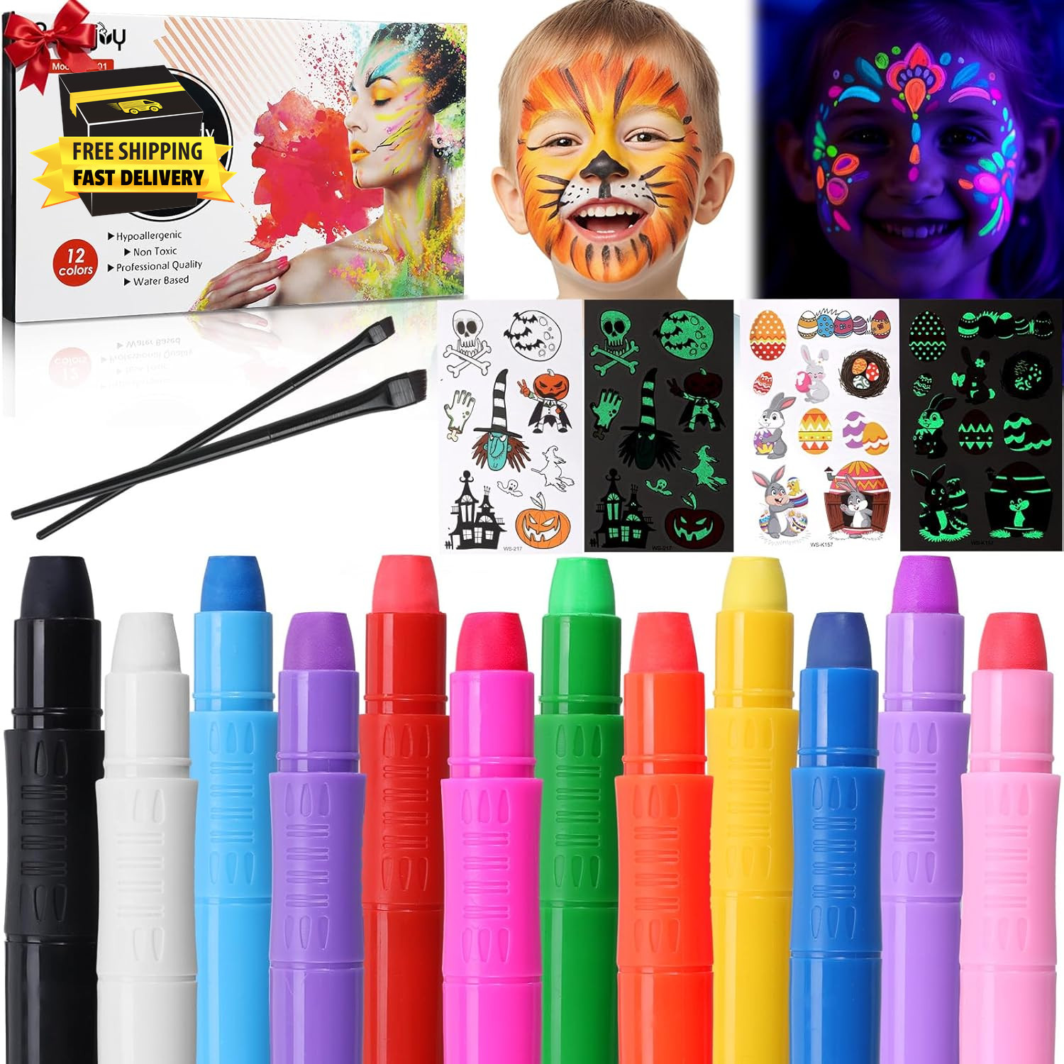 Glow Face Body Paint,12 PCS Glow in the Dark under UV Blacklight, Face Painting