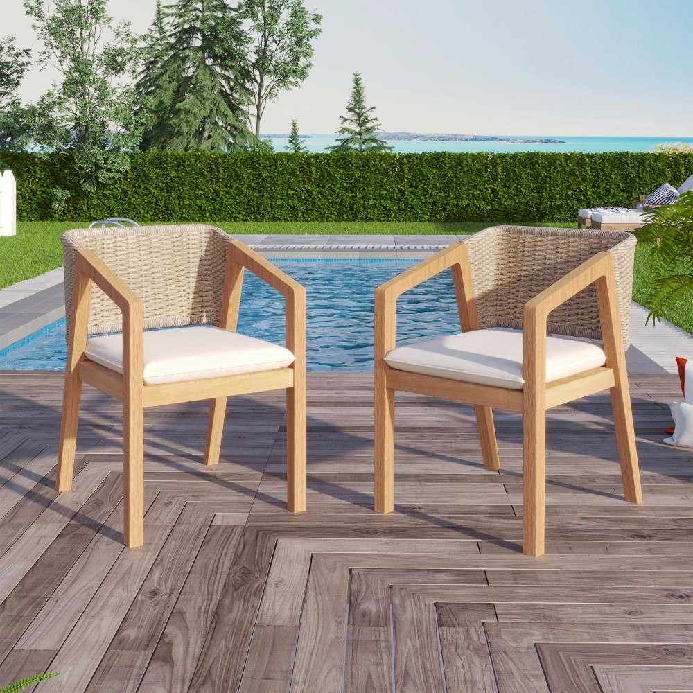 Dining Chair Set of 2 - Light Teak Acacia Wood, Patio Style with Rope Backrest