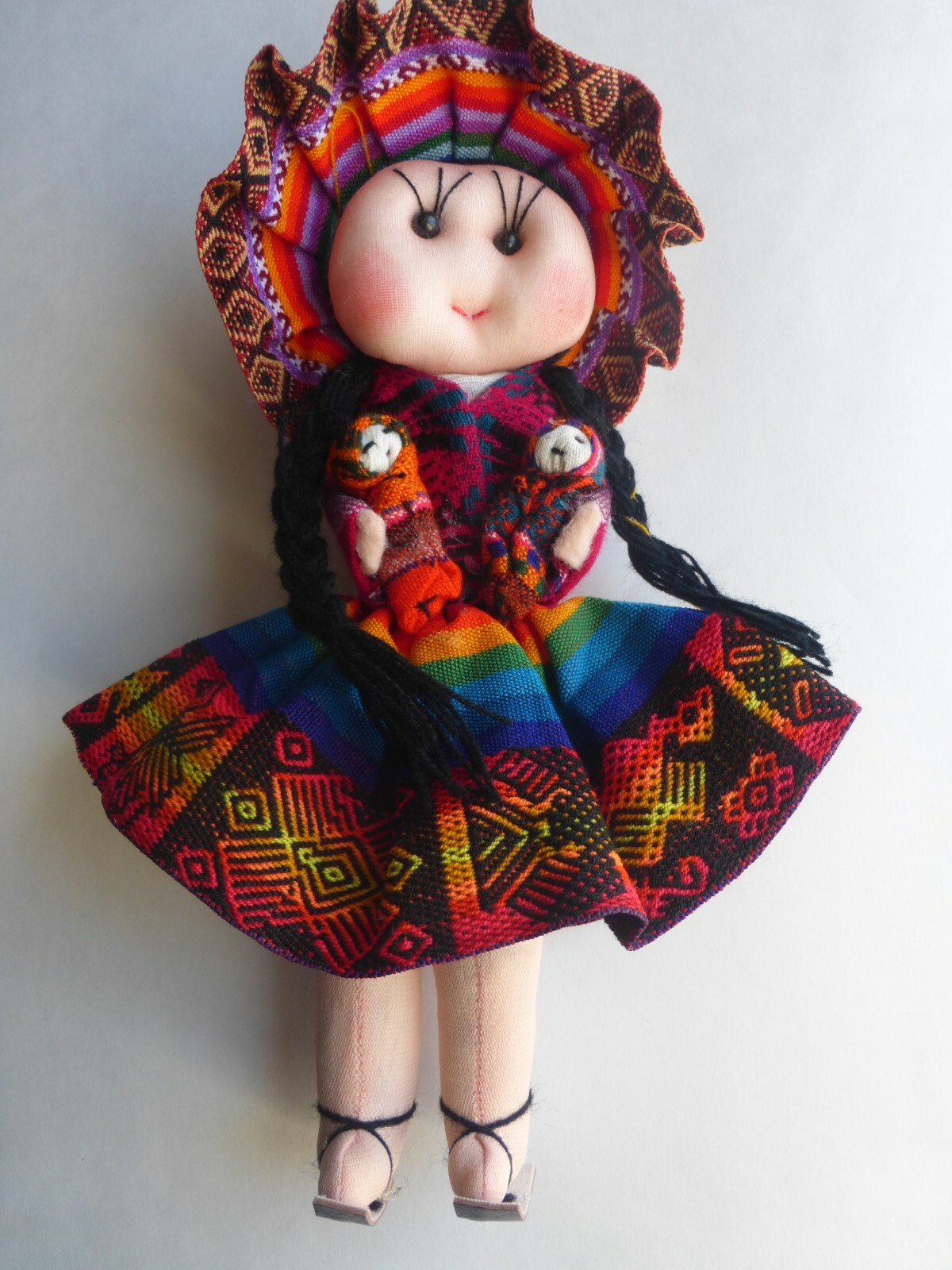 Colorful Peruvian Doll Handmade Lady Holding Two Babies
