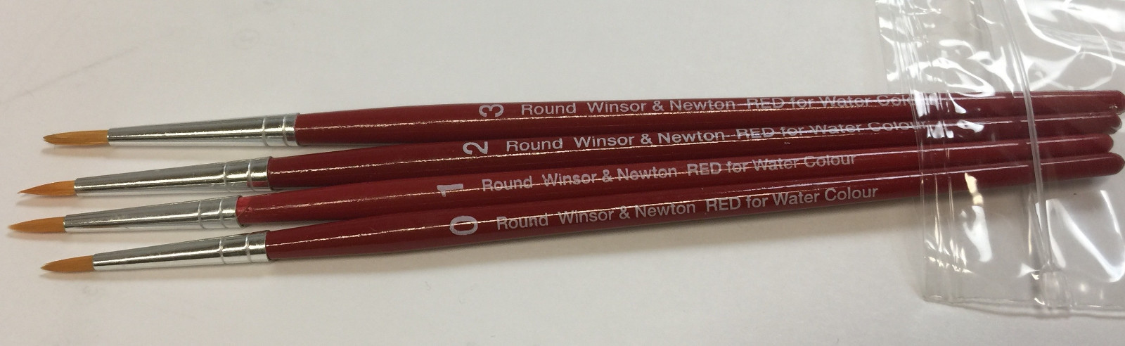 LOT OF 4 WINSOR & NEWTON RED HANDLE WATERCOLOR BRUSHES ROUND #0, 1, 2, 3