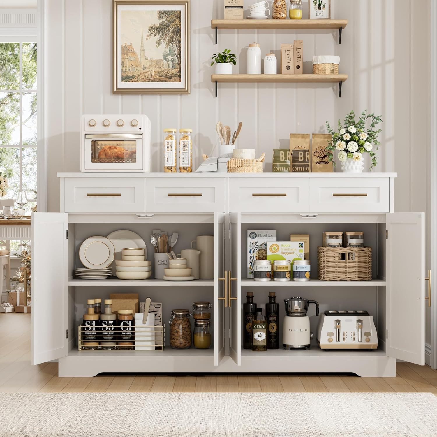 HOSTA 60" Lar Buffet Sideboard with Stora, 36" Tall Kitchen Buffet