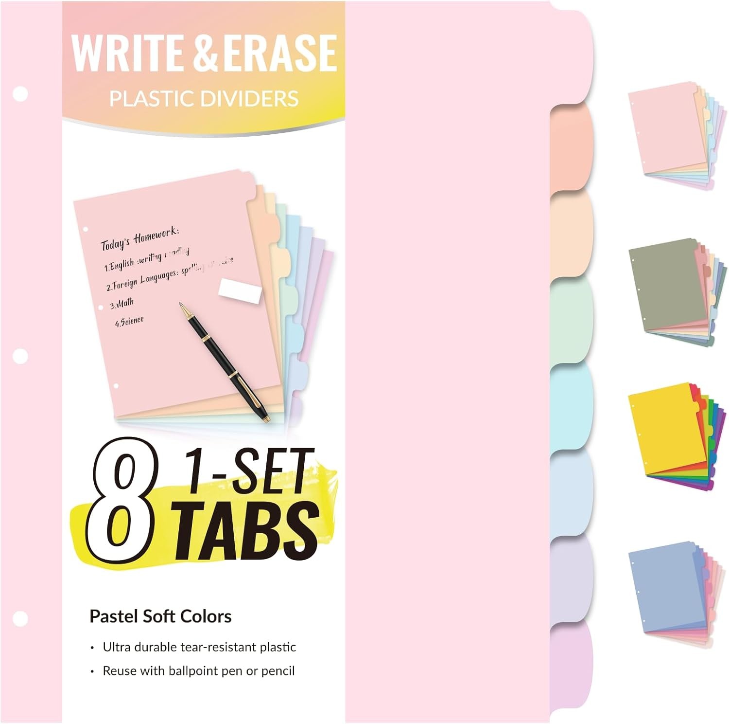 Sooez 8 Tabs Long-Lasting Plastic Write & Erase Large 1 Set, Pastel Color