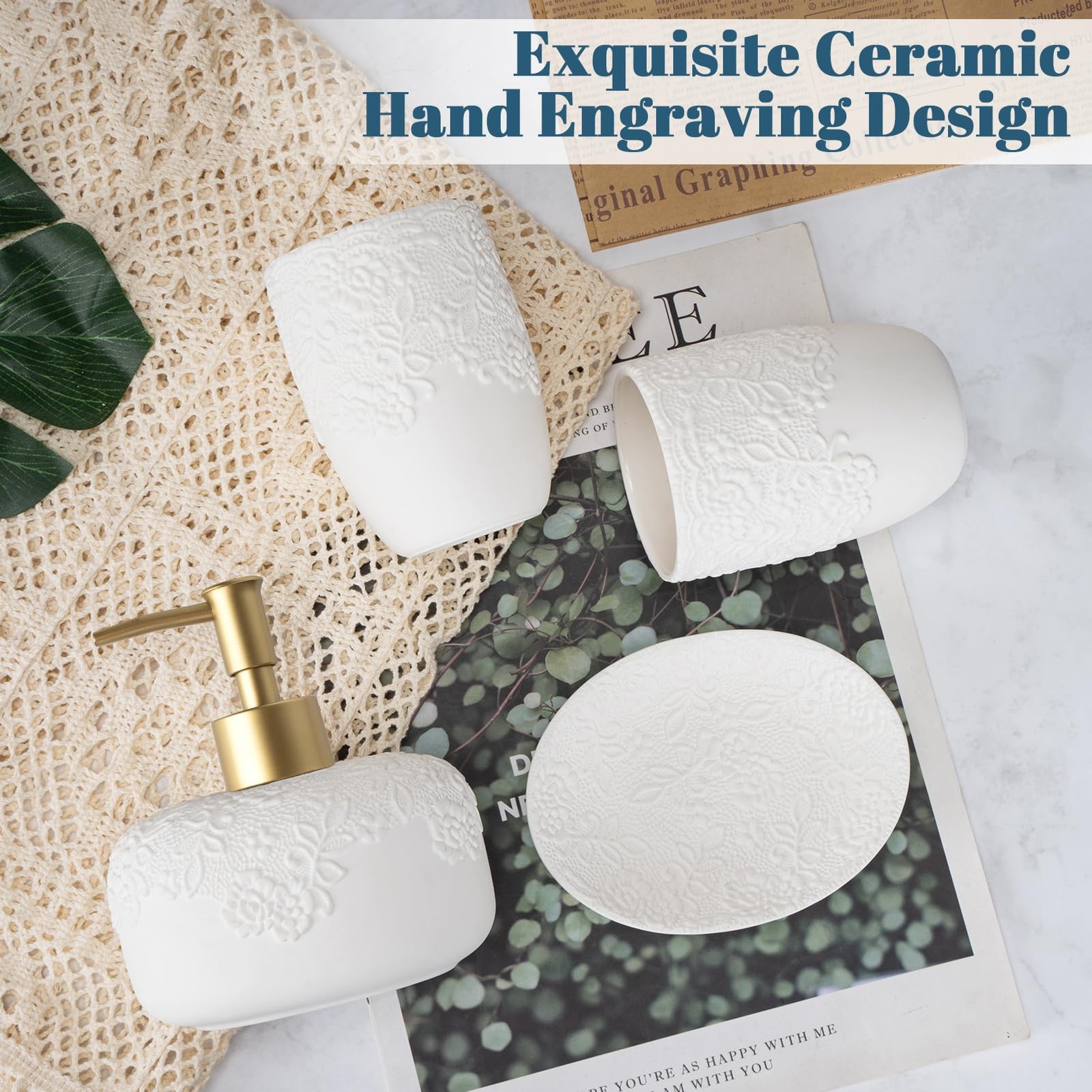 Bathroom Set, 4pcs Ceramic with Embossed Design Look Sets Bathroom Soap Dispe...