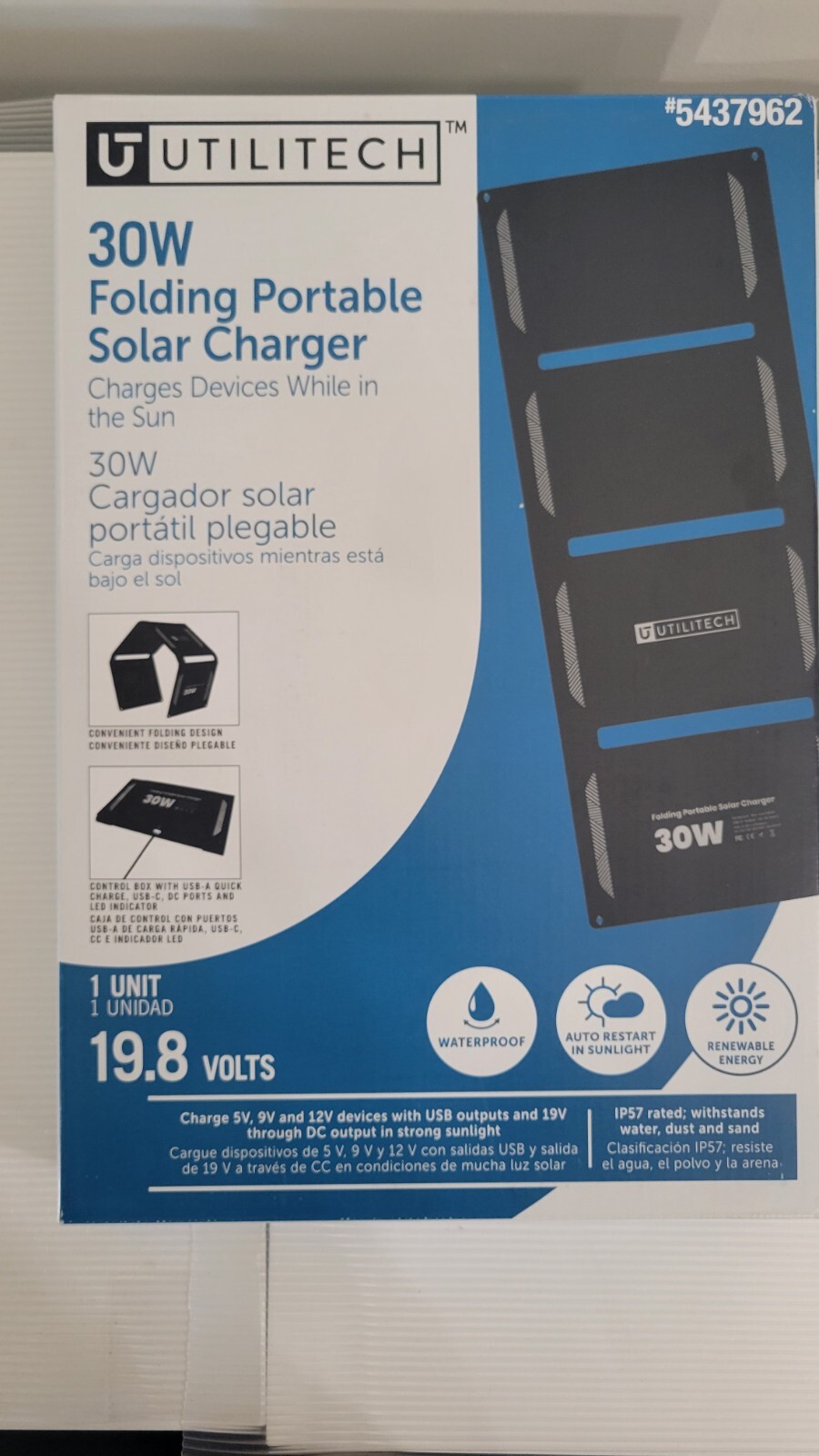 UTILITECH SOLAR PANNEL PORTABLE CHARGER 5437962 19.8VOLTS NEW