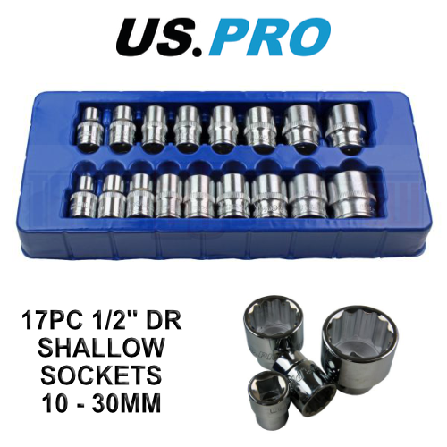 US PRO 17pc 1/2 dr Shallow Sockets 6 point 10-30mm 1394