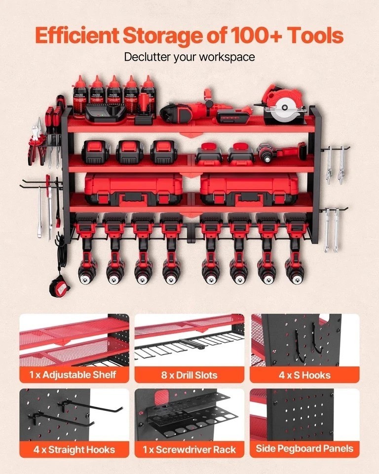 Power Tool Organizer Wall Mount 4-Layer Drill Storage Rack 8 Drill Holders