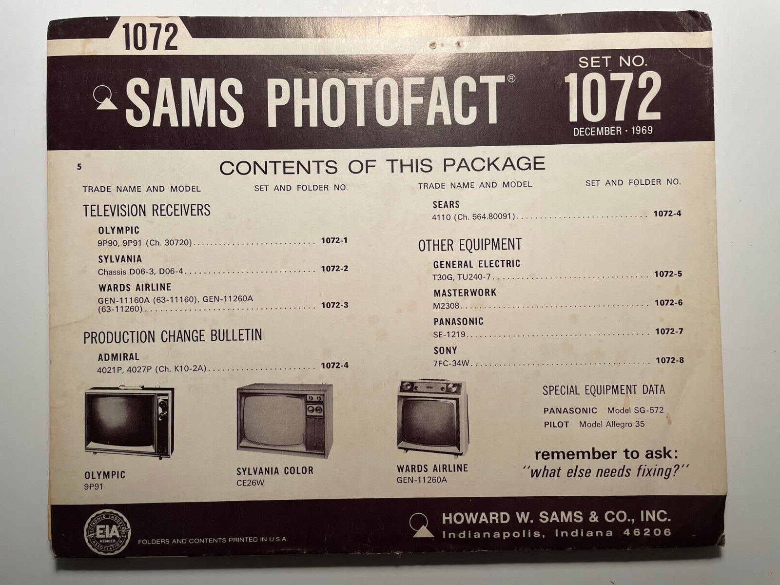 SAMS PHOTOFACT FOLDER SET NO. 1072 DECEMBER 1969 MANUAL SCHEMATICS