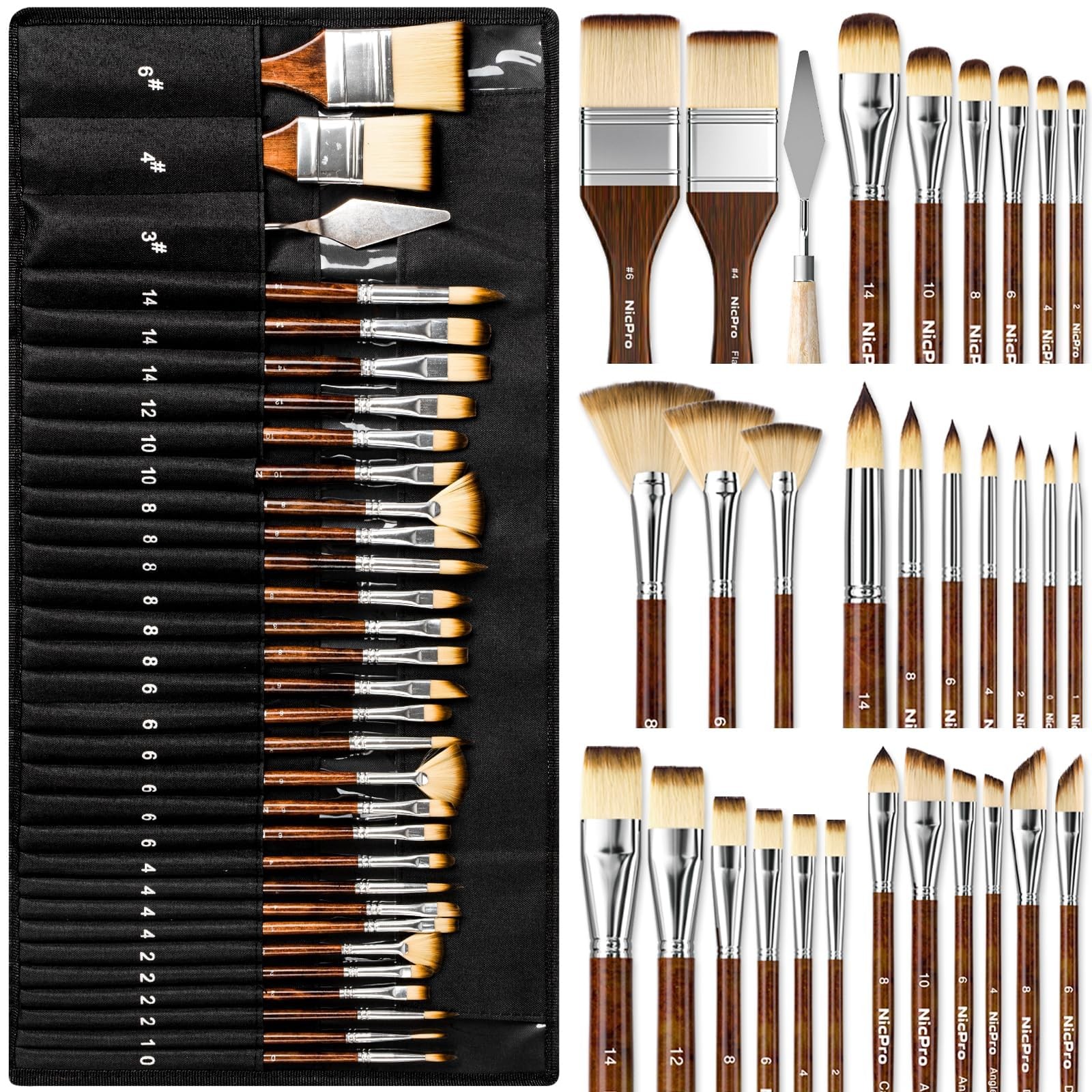 Nicpro 30pcs Paint Brush Set, Professional Paintbrushes with Paint Spatula and