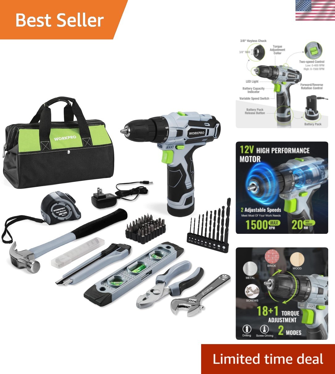 Complete Home Maintenance Tool Kit: 12V Cordless Drill & 61 Essential Tools