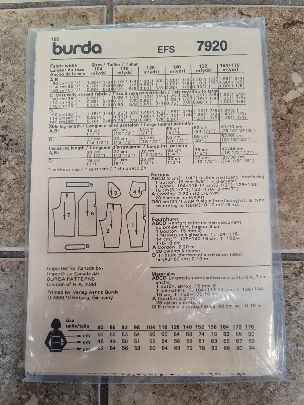 Vintage Burda Girls Pants Sewing Pattern #7920