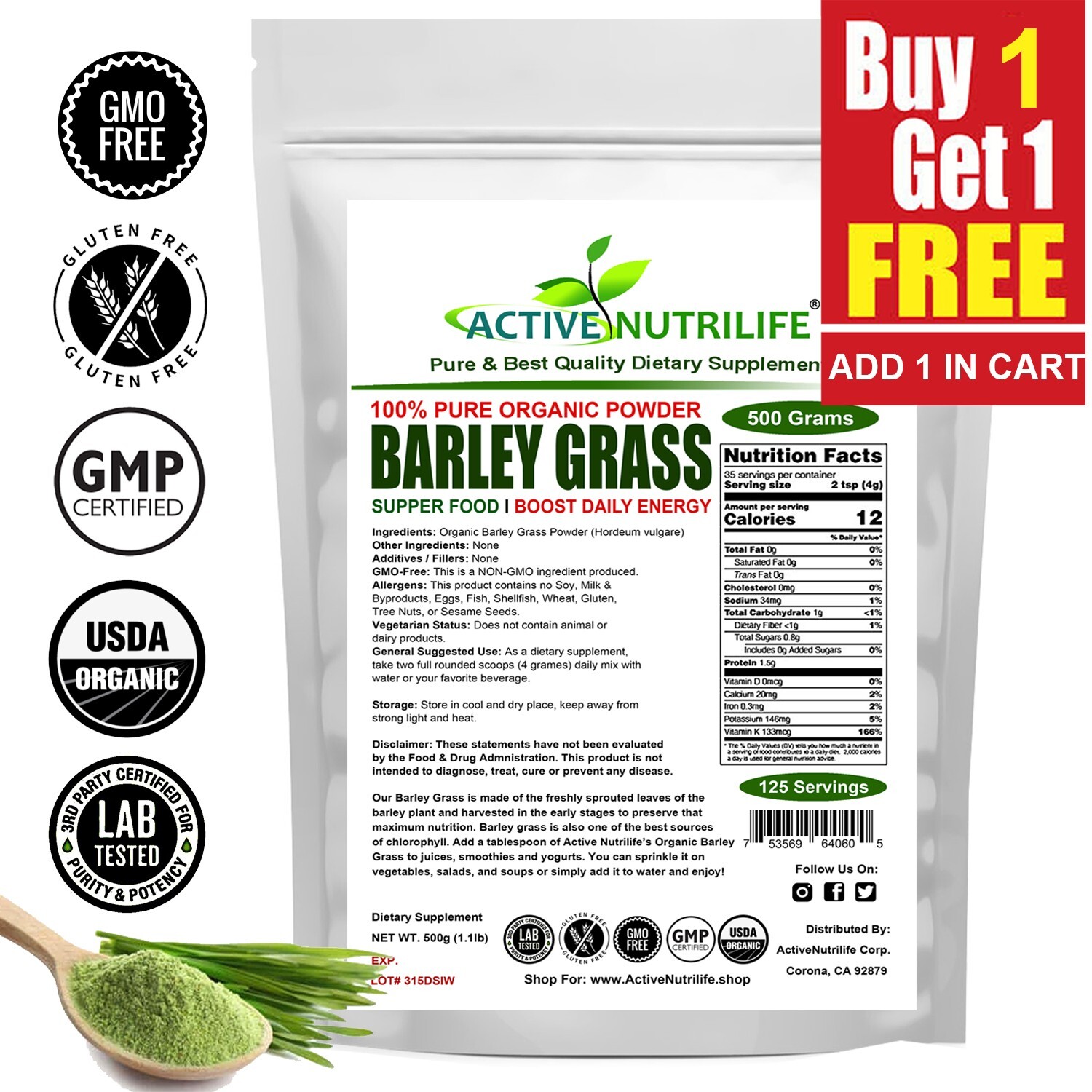 Organic Barley Grass Powder , USDA Certified, Green Vegan Superfood 500g