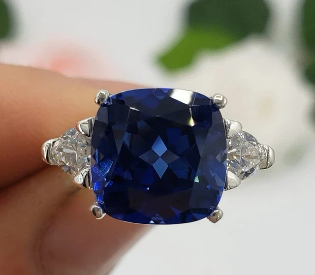 2Ct Cushion Cut Lab-Created  14k White Gold Plated Blue Sapphire Engagement Ring