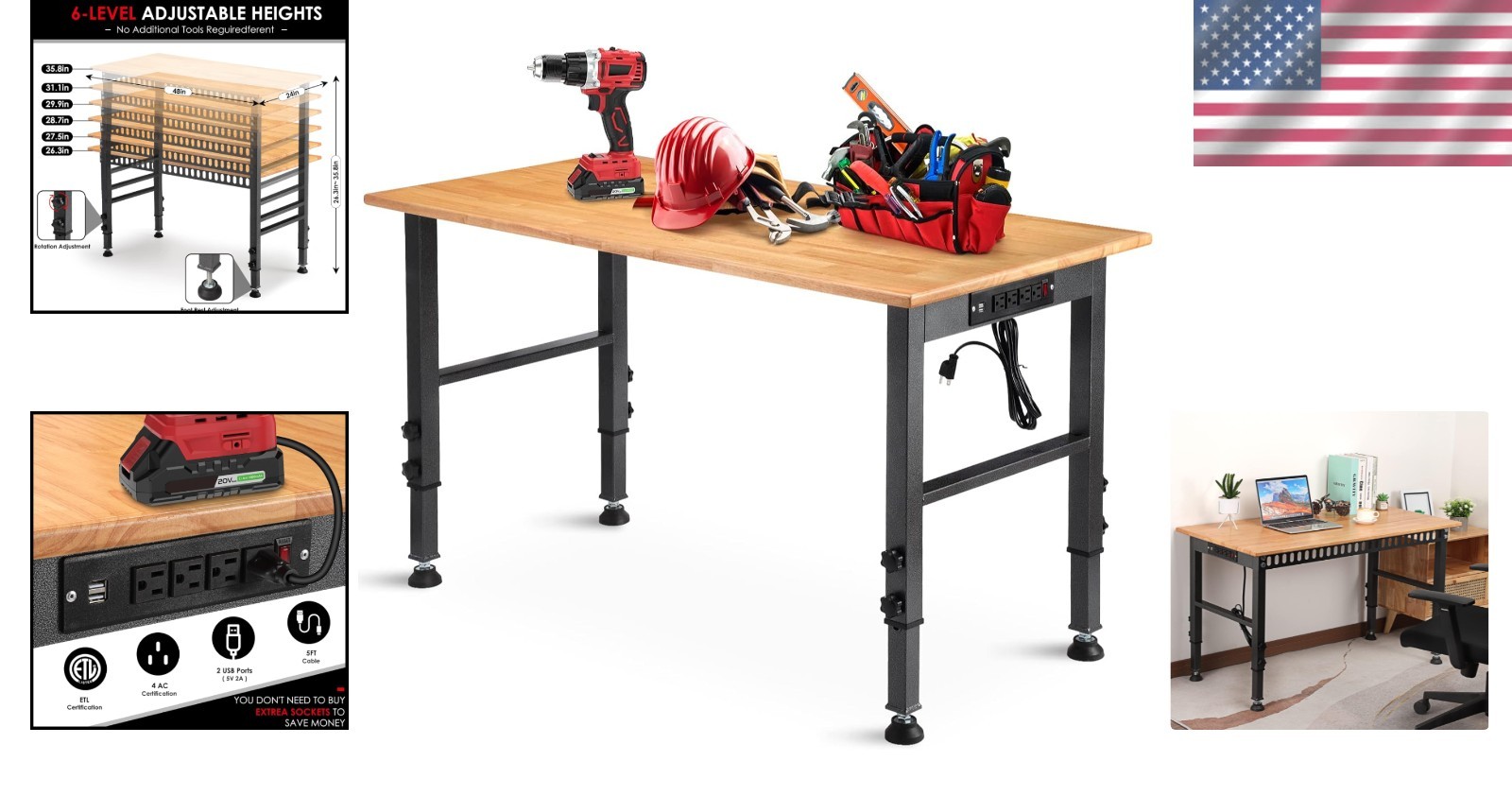 Versatile 48" Heavy Duty Workbench with USB & AC Power Outlets Included