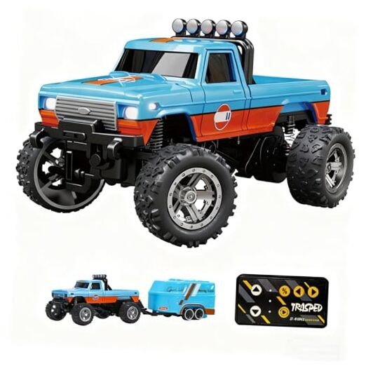 Mini RC Truck, 1/64 Scale Mini RC Monster Truck, Rechargeable Metal Blue a