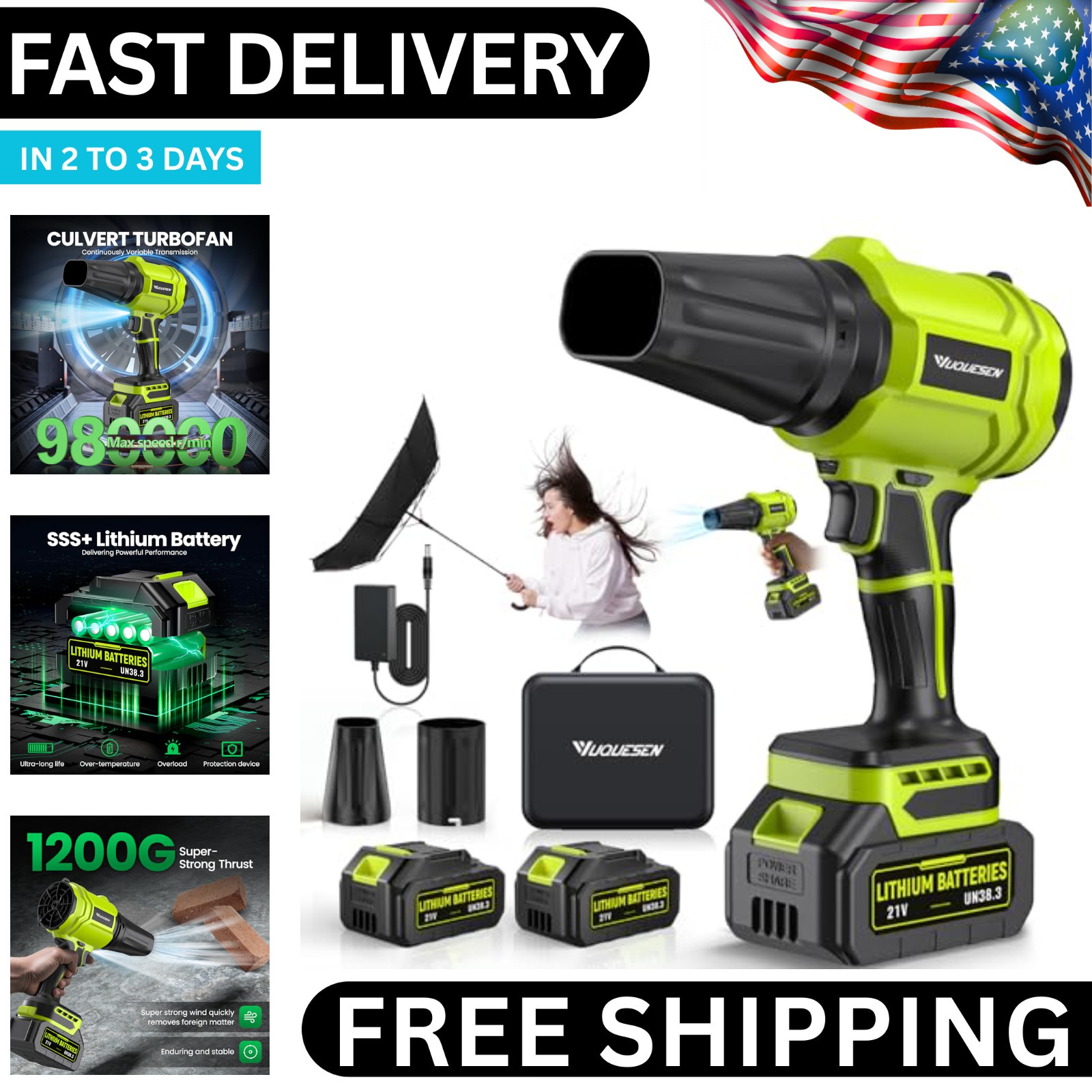Seese Cordless Handheld Violent Fan/Leaf Blower + 2 Batteries/Charger/Case USA..