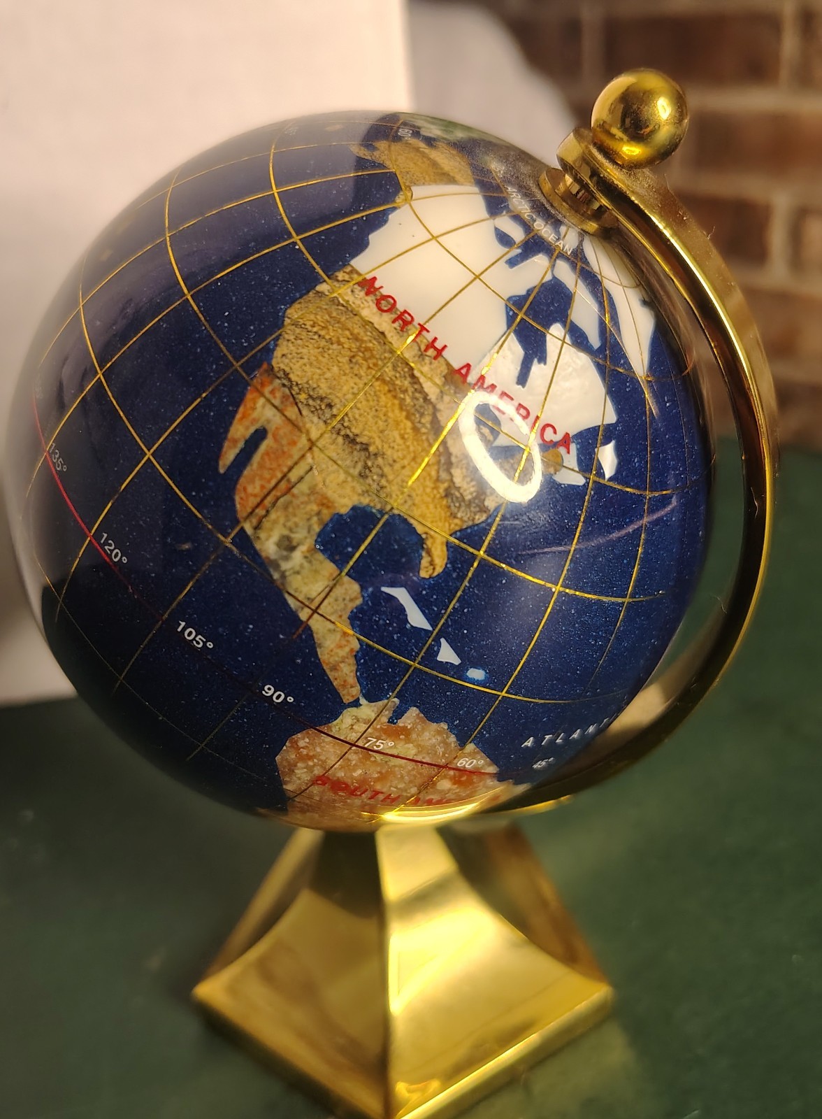 GLOBE Blue Lapis Semi Precious Inlaid Gemstones & Brass Stand Desktop 5.5"