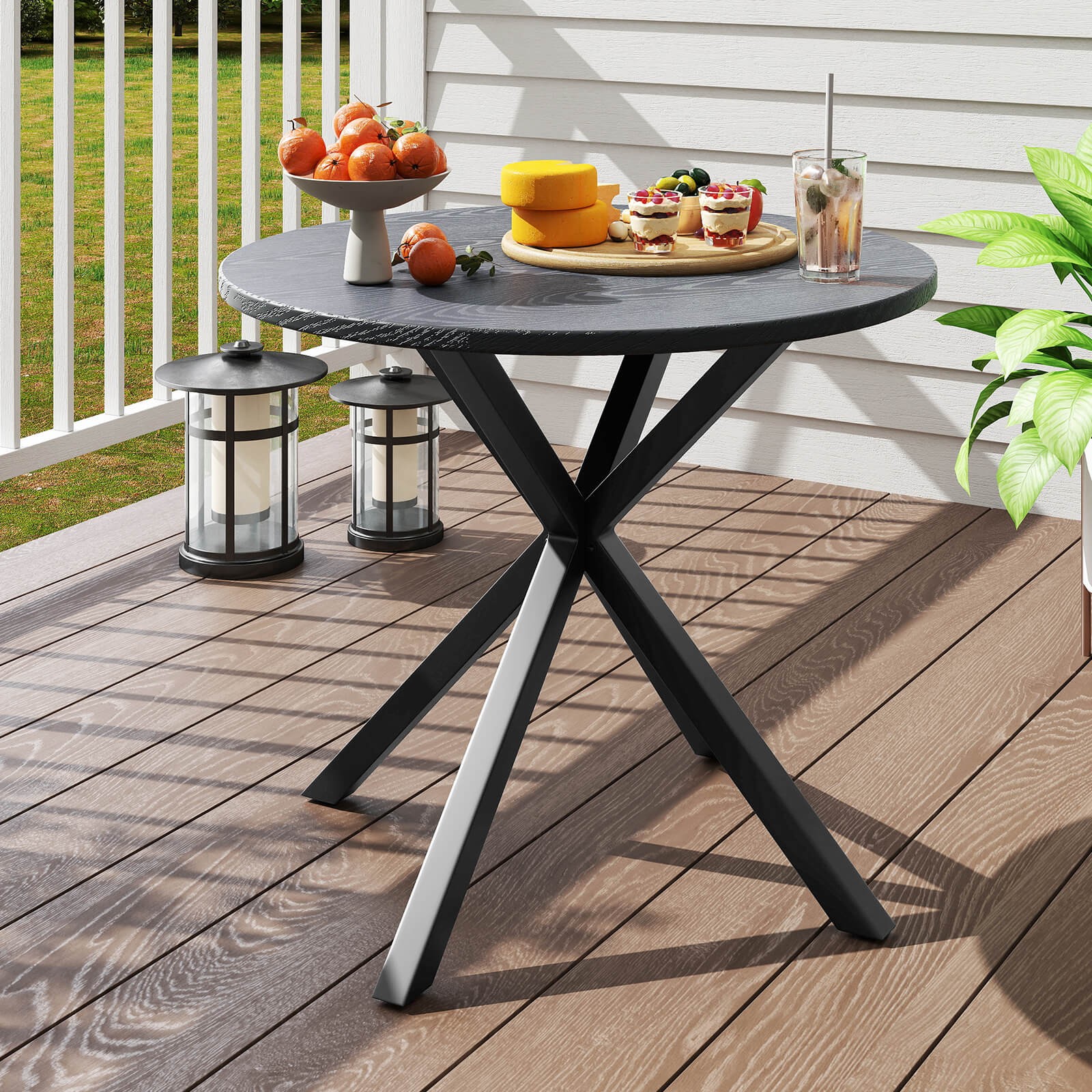 34 Inch Round Patio Bistro Table with Wood-Like Top & X-Shaped Legsfor Outside