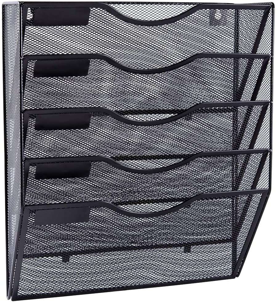 5 Pocket Mesh Hanging Wall File Organizer, Wall Mounted Document Holder w/ Label