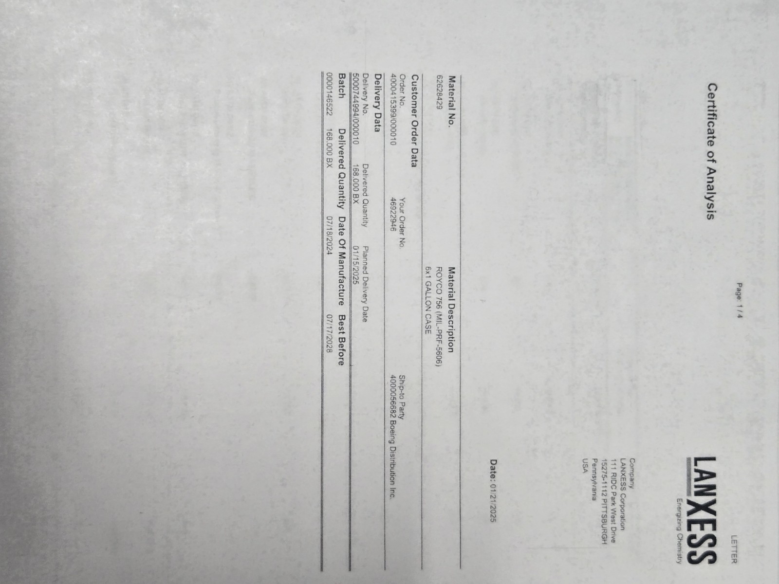 Royco 756 1 Gal With Certs And Test Report